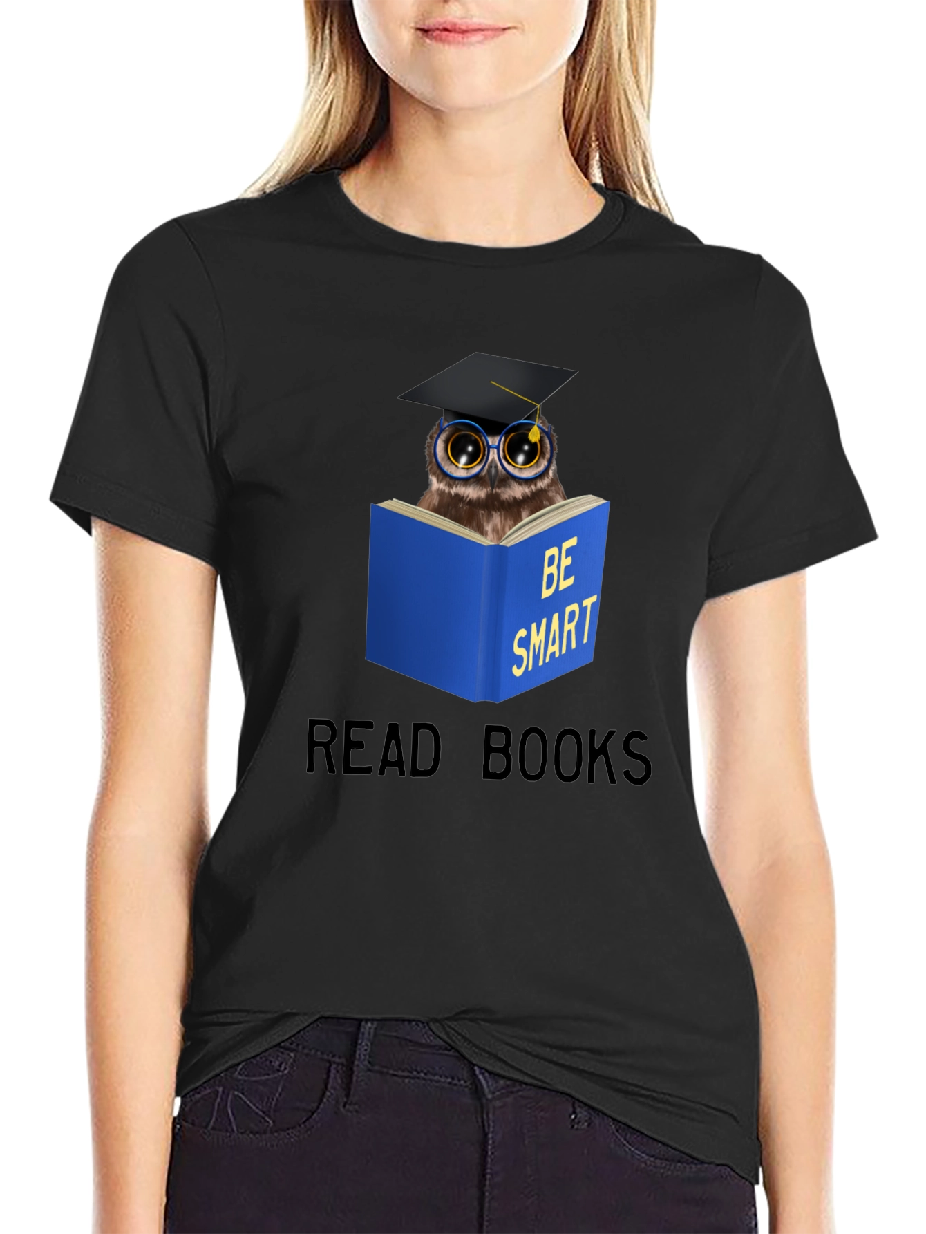 Black Be Smart Owl Reading T-Shirt view 2