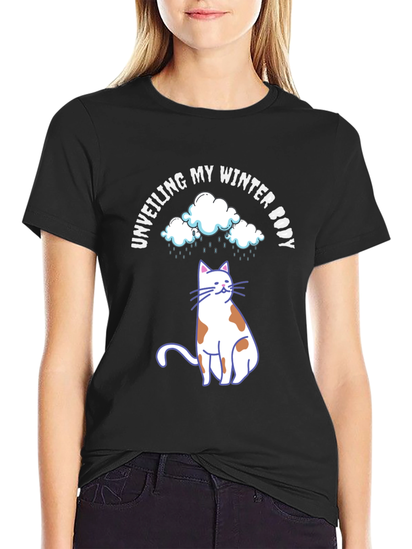 Black Unveiling My Winter Body T-Shirt Cat Clouds view 2