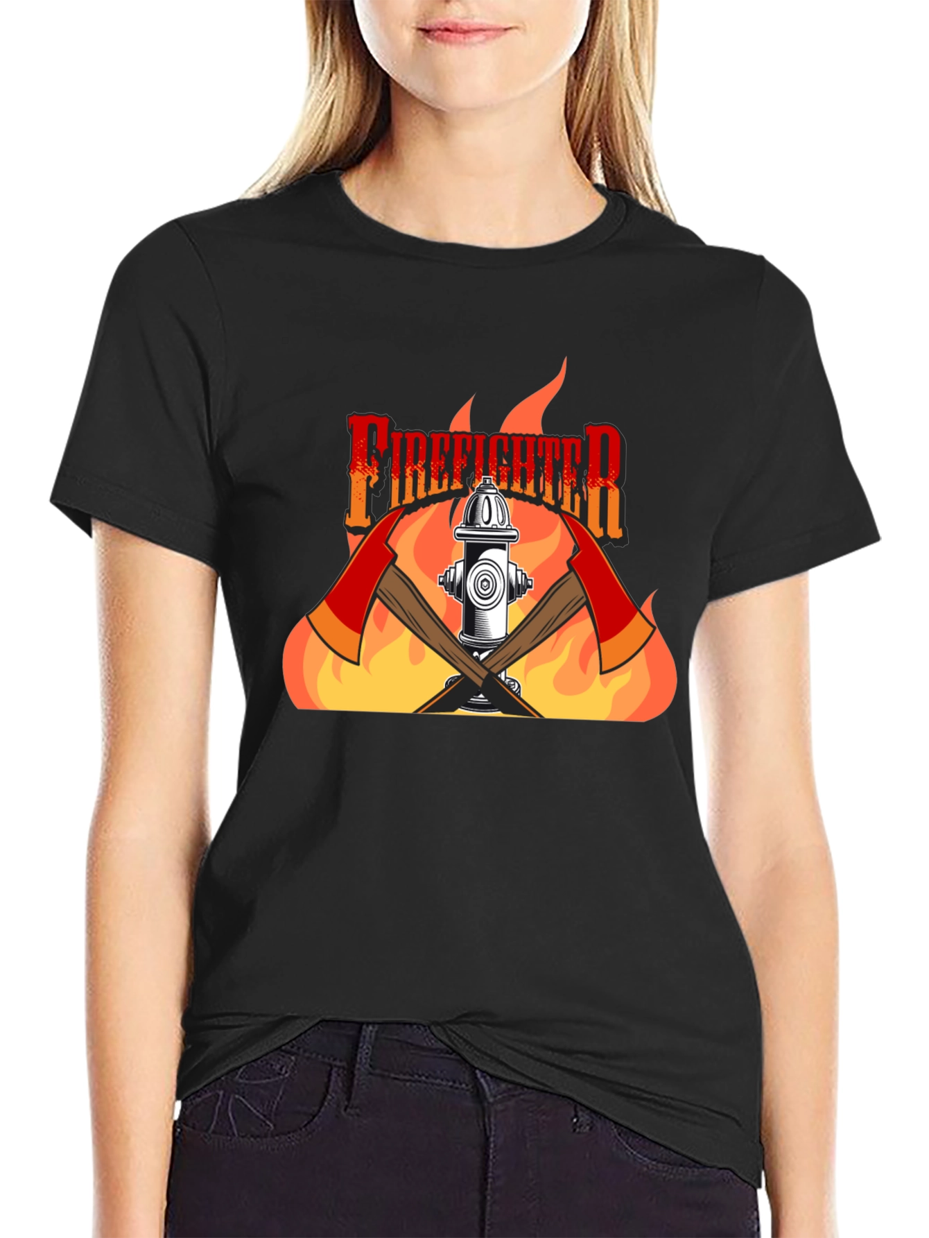 Black Firefighter Graphic Print Black T-Shirt view 2