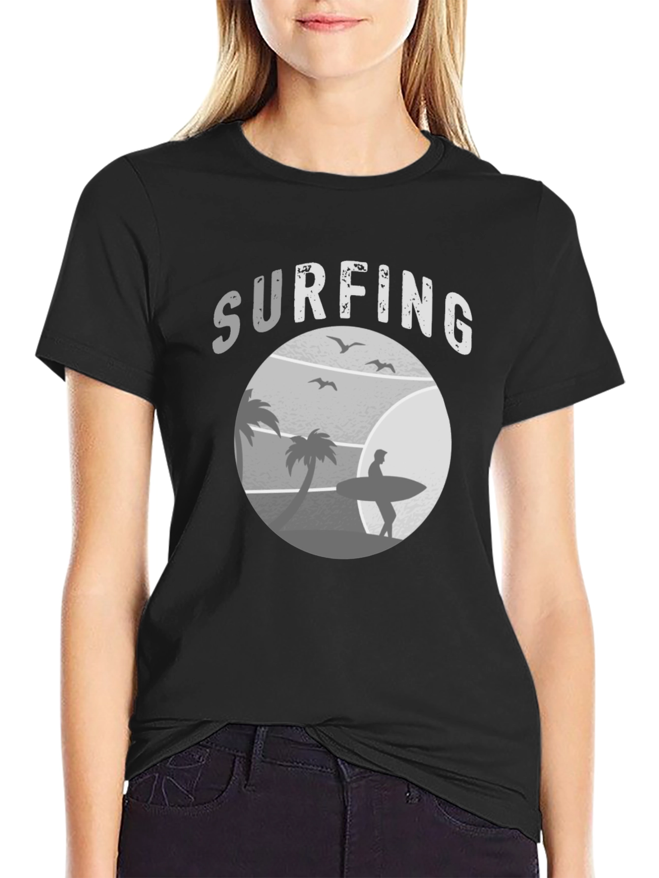 Black Surfing Scene Graphic Tee | Black view 2