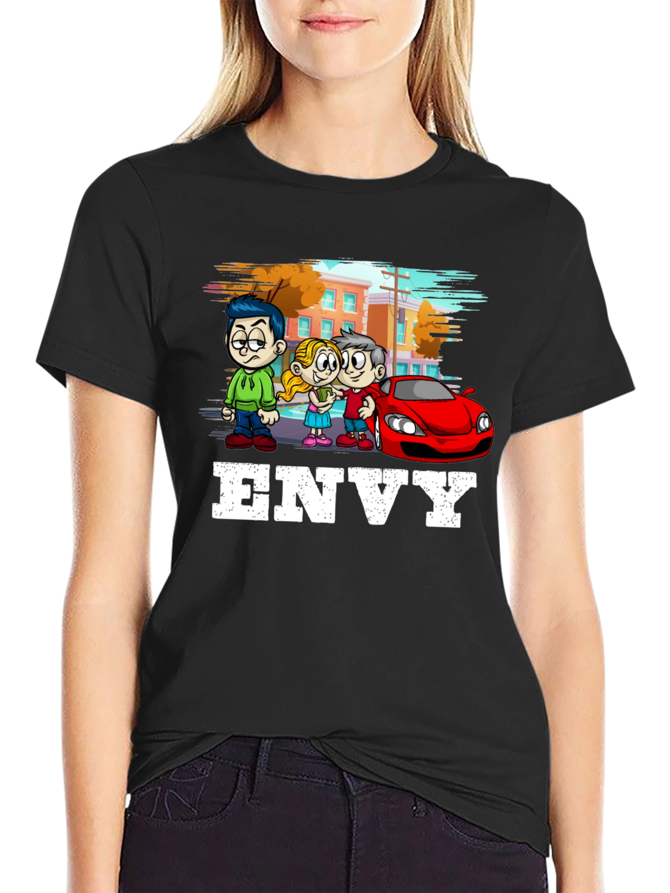Black Envy Cartoon Graphic T-Shirt - Black Cotton Tee view 2