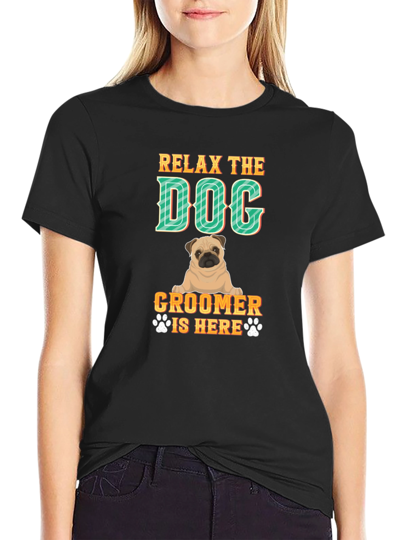 Black Relax the Dog Groomer is Here T-Shirt view 2