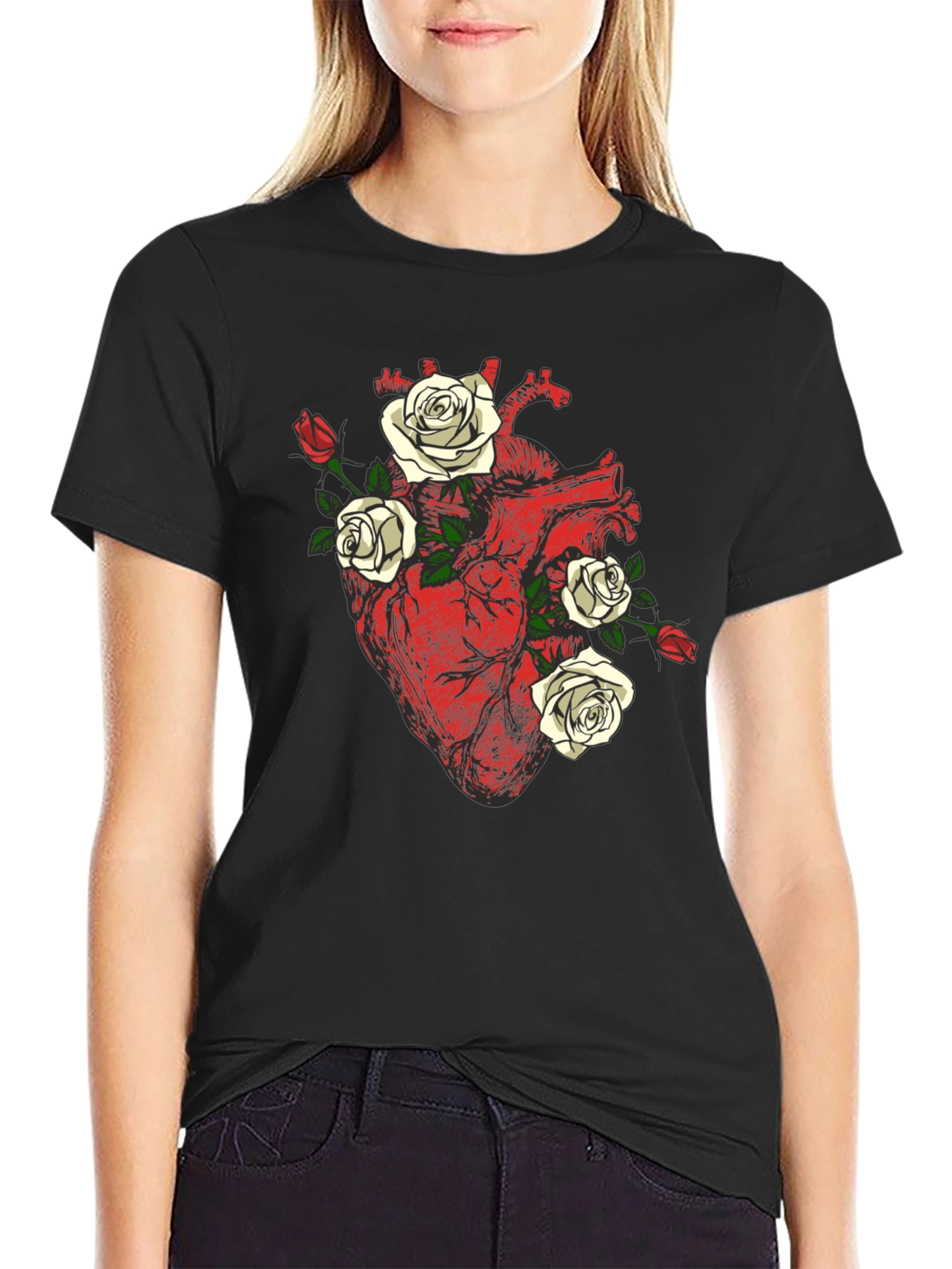 Black Anatomical Heart & Roses Graphic Tee view 2
