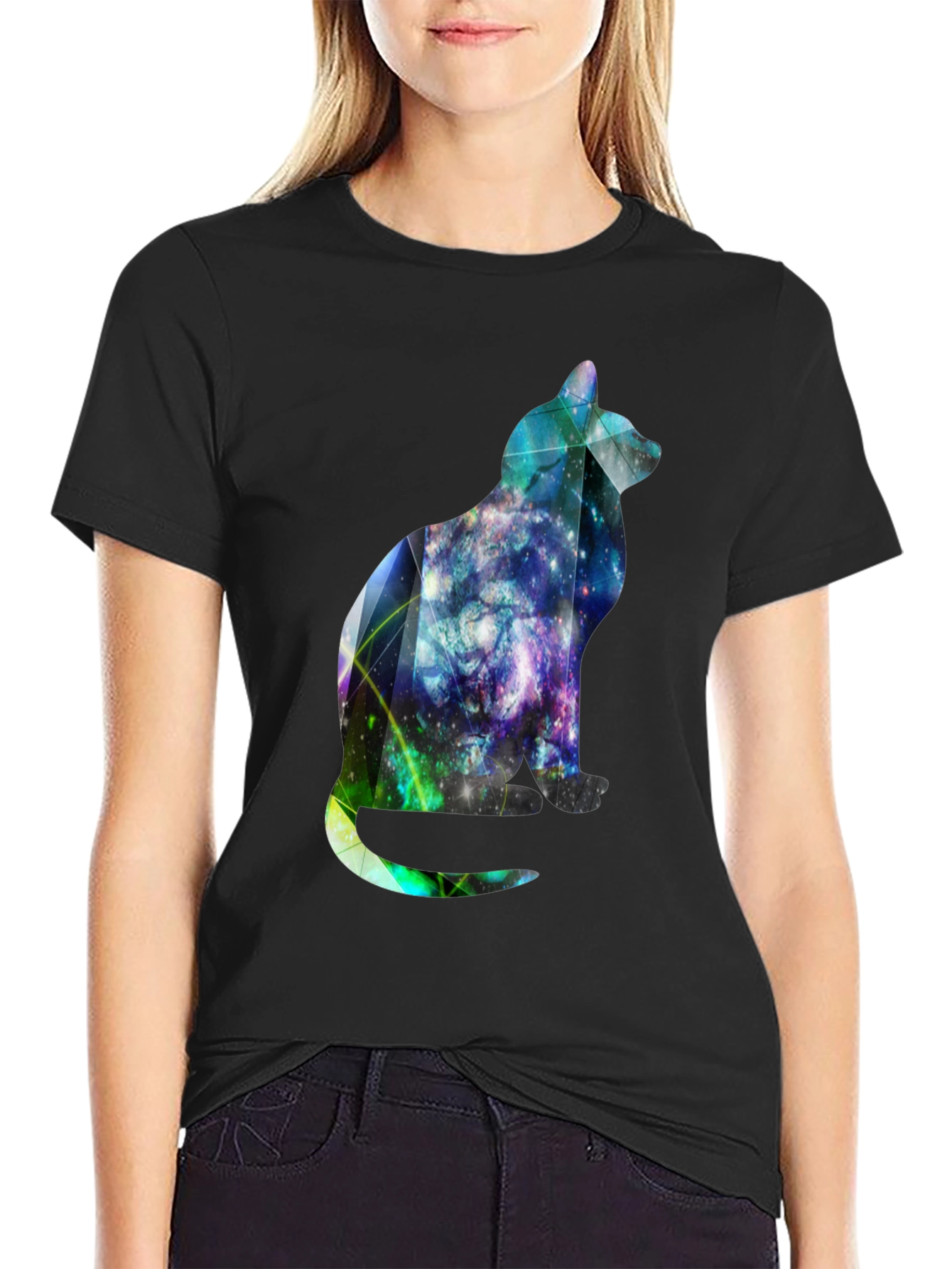 Black Galaxy Cat Graphic Tee - Stylish Men's Black T-Shirt view 2