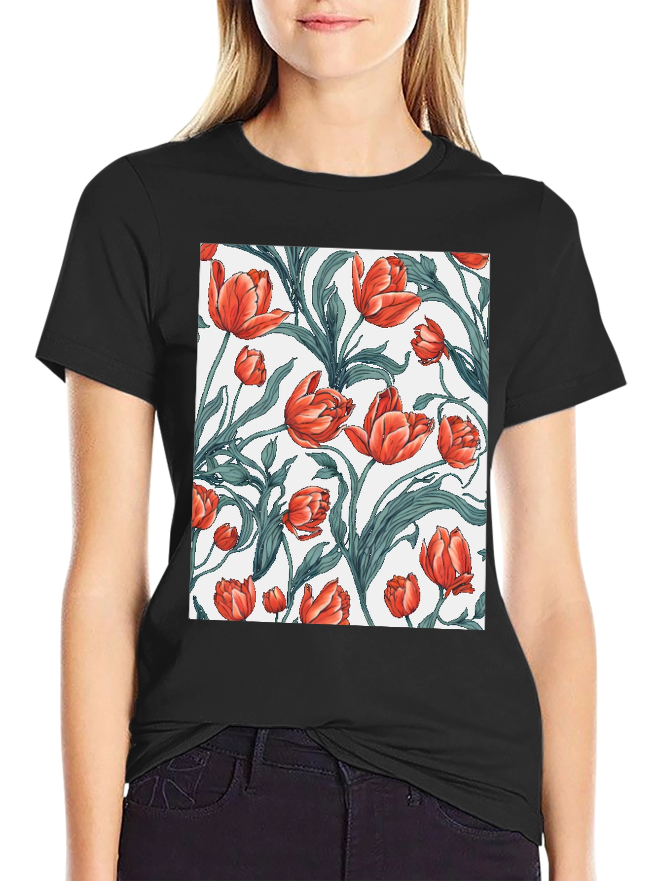 Black Floral Tulip Print Black T-Shirt view 2