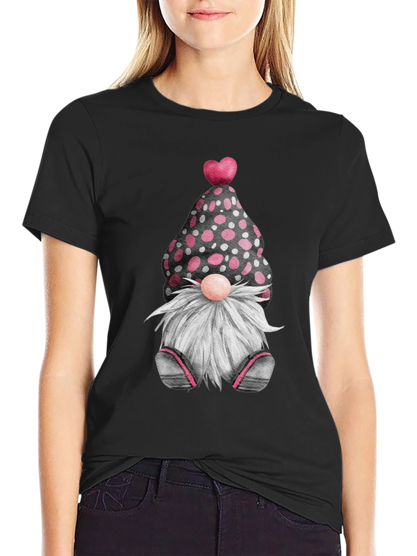 Black Cute Valentine's Gnome T-Shirt - Black view 2