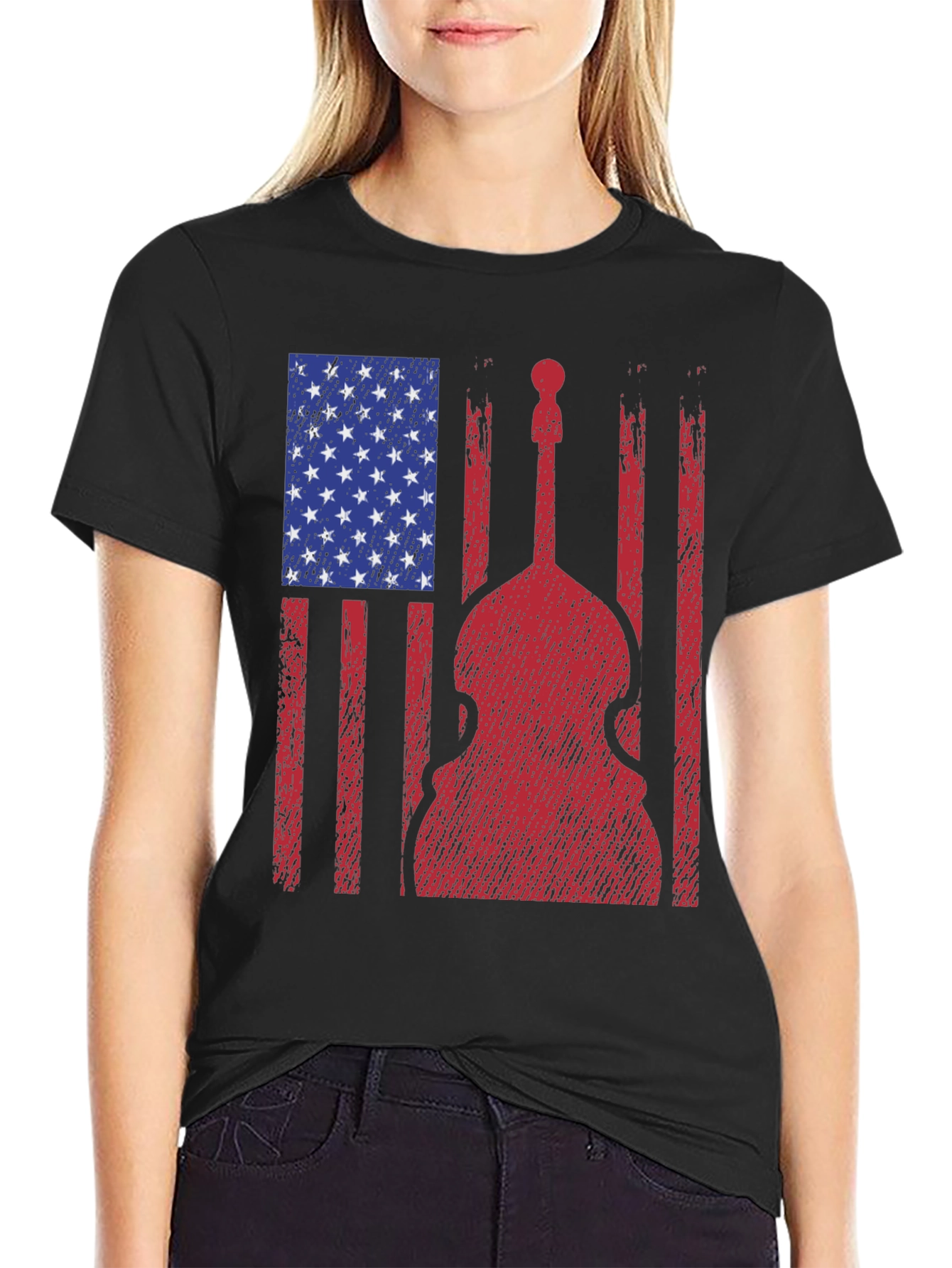 Black American Flag Bass Guitar Graphic T-Shirt view 2
