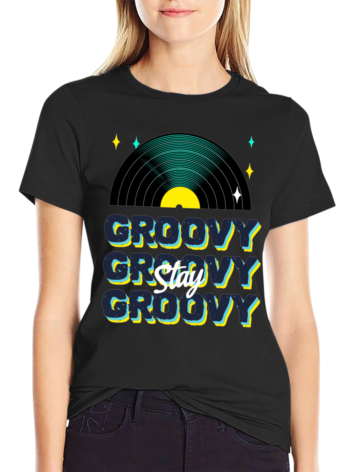 Black Groovy Vinyl Record Graphic T-Shirt - Stay Groovy view 2