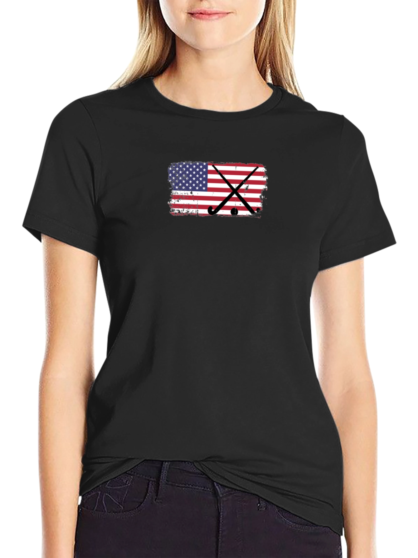 Black USA Flag Hockey Sticks T-Shirt view 2