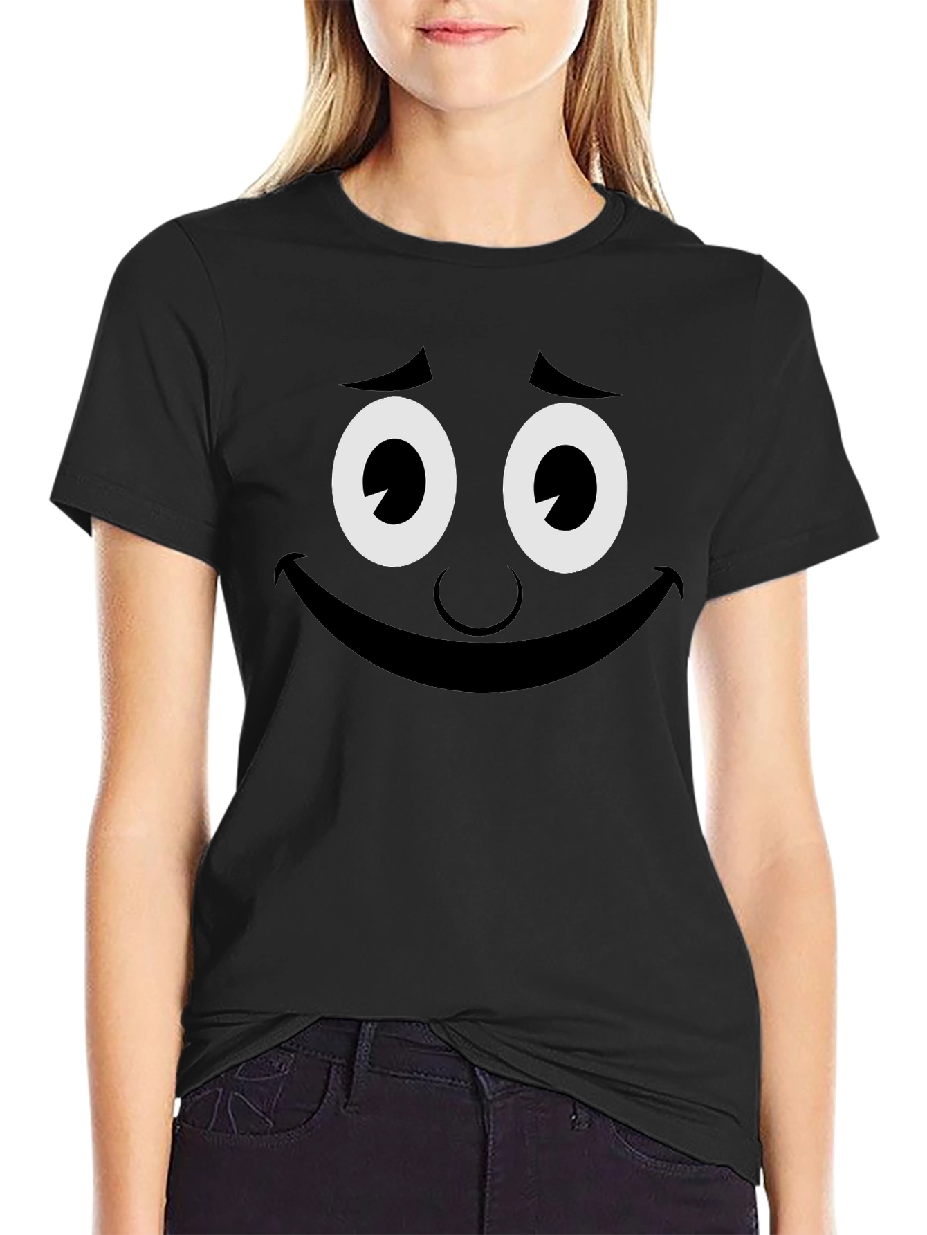 Black Funny Smiley Face Graphic Tee - Black Crew Neck T-Shirt view 2