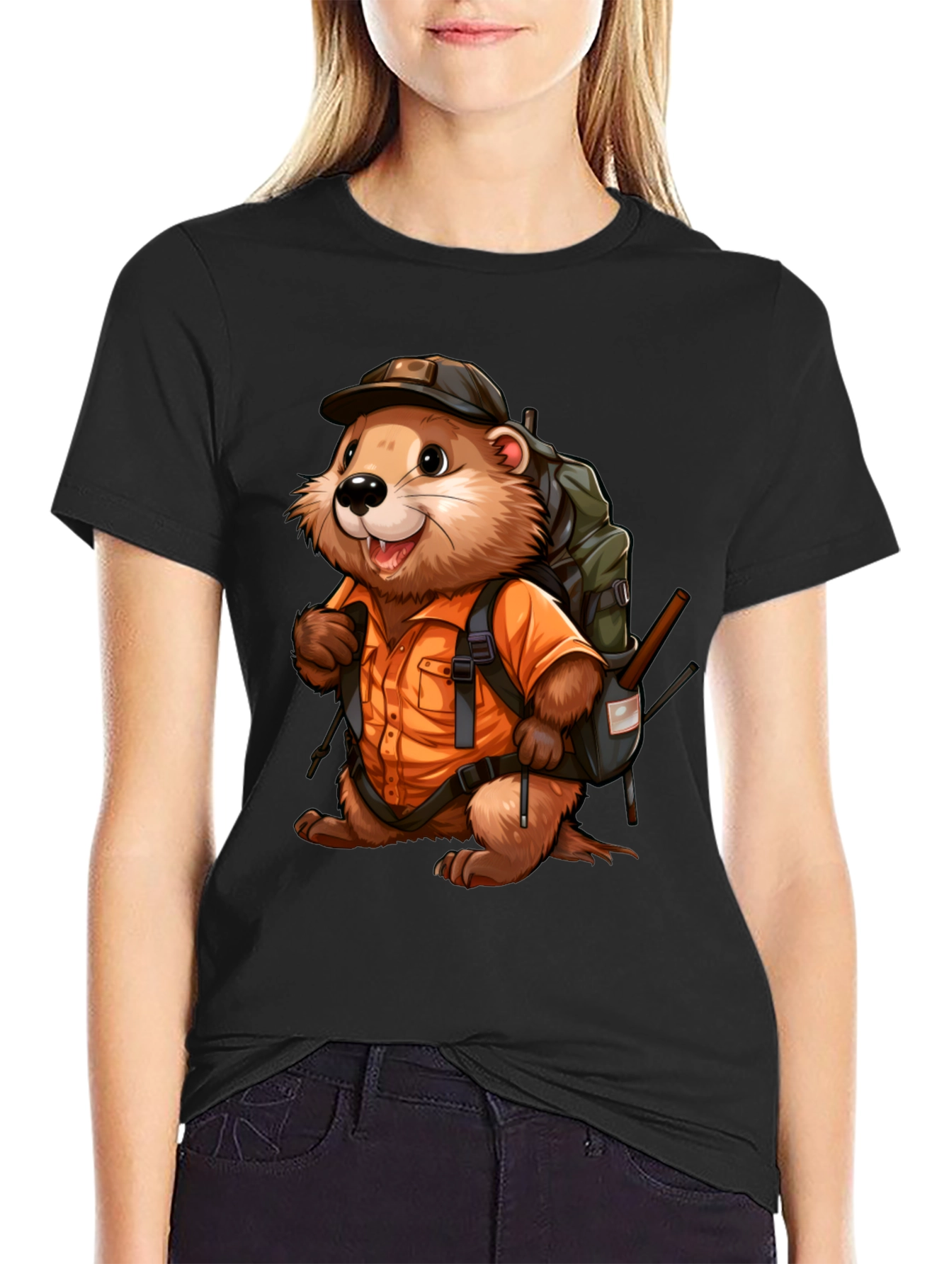 Black Cartoon Beaver Hiker Graphic T-Shirt view 2