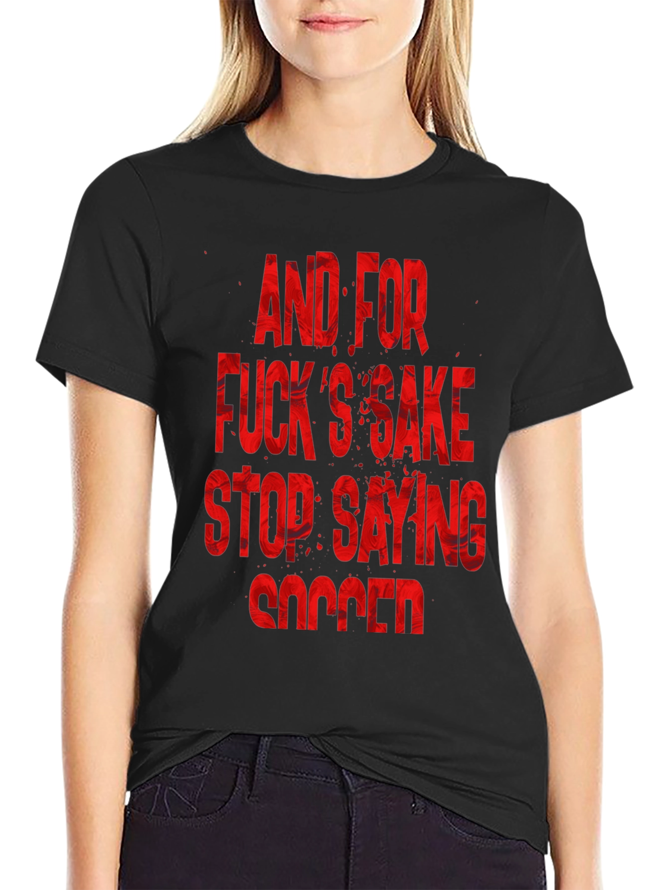 Black Humorous "Stop Saying Soccer" Graphic T-Shirt view 2