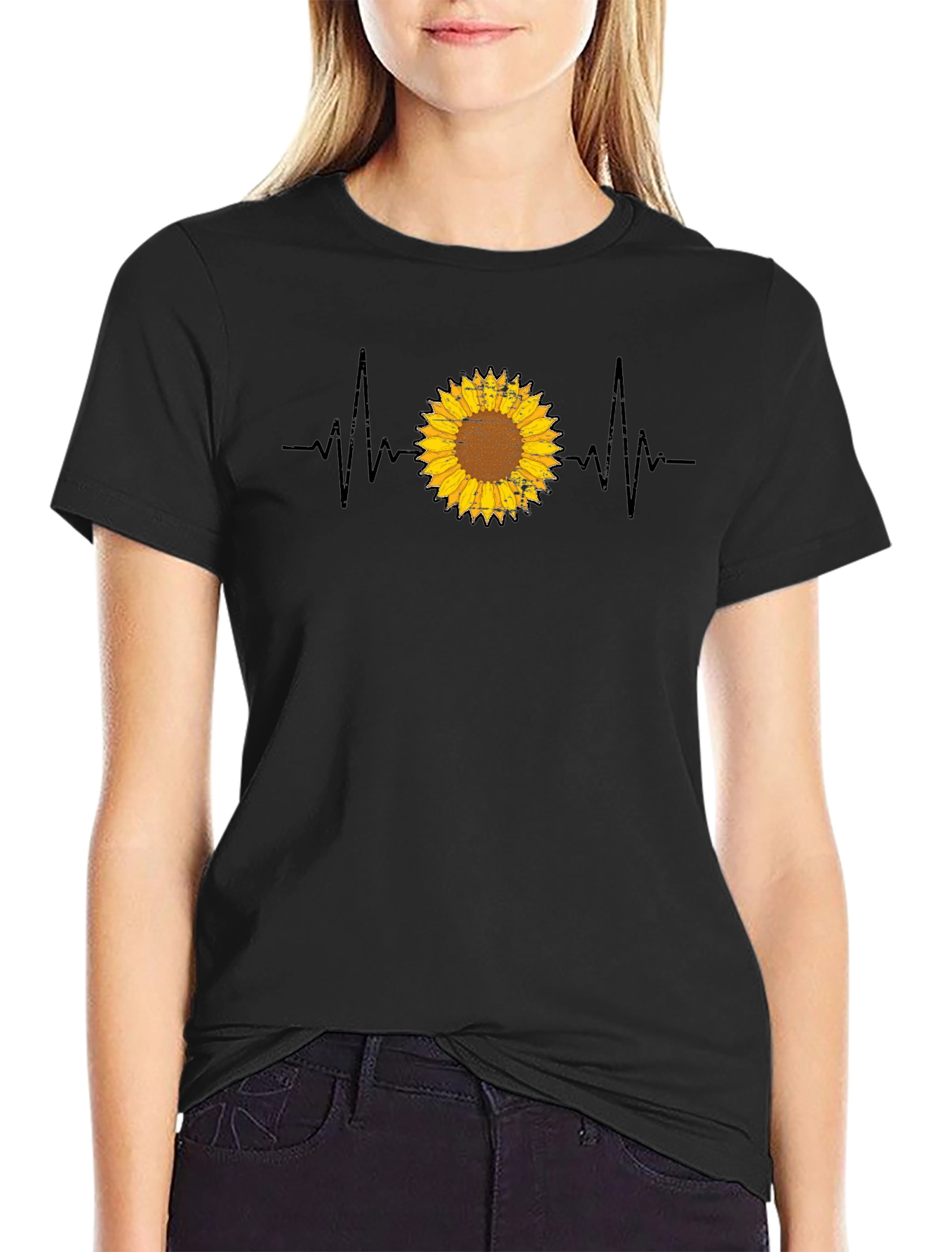 Black Sunflower Heartbeat Graphic Tee view 2