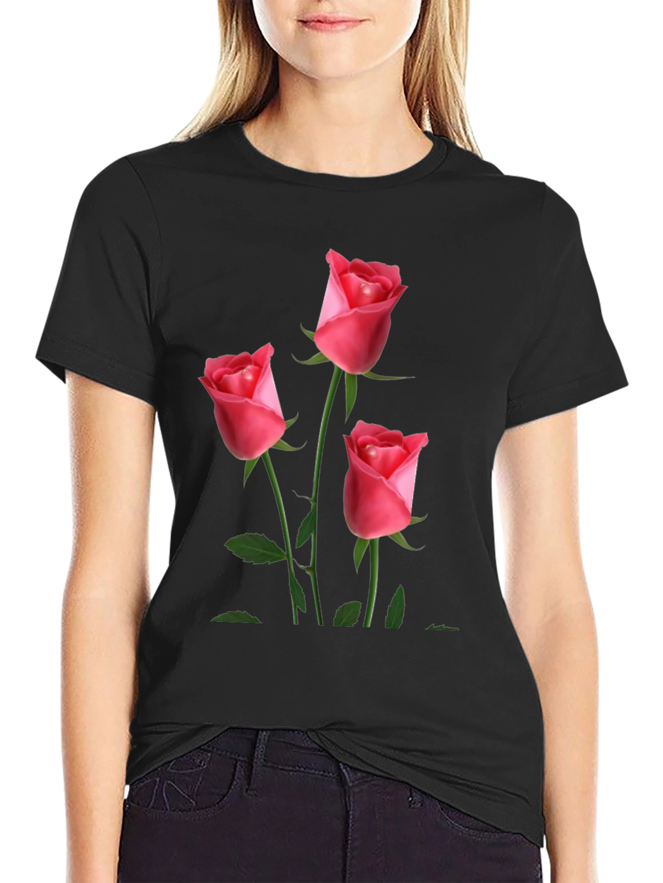 Black Men's Black T-Shirt with Rose Design view 2