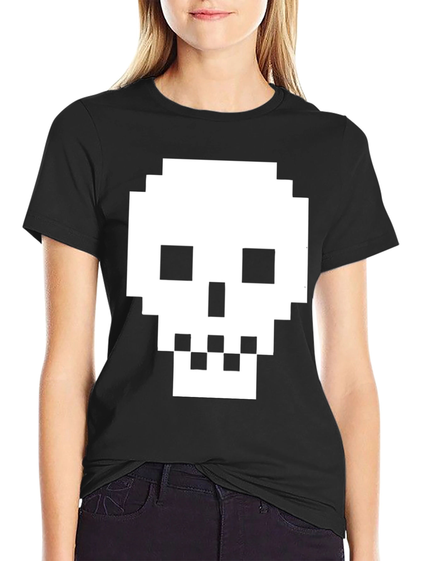 Black Pixelated Skull T-Shirt - Retro Gaming Tee view 2