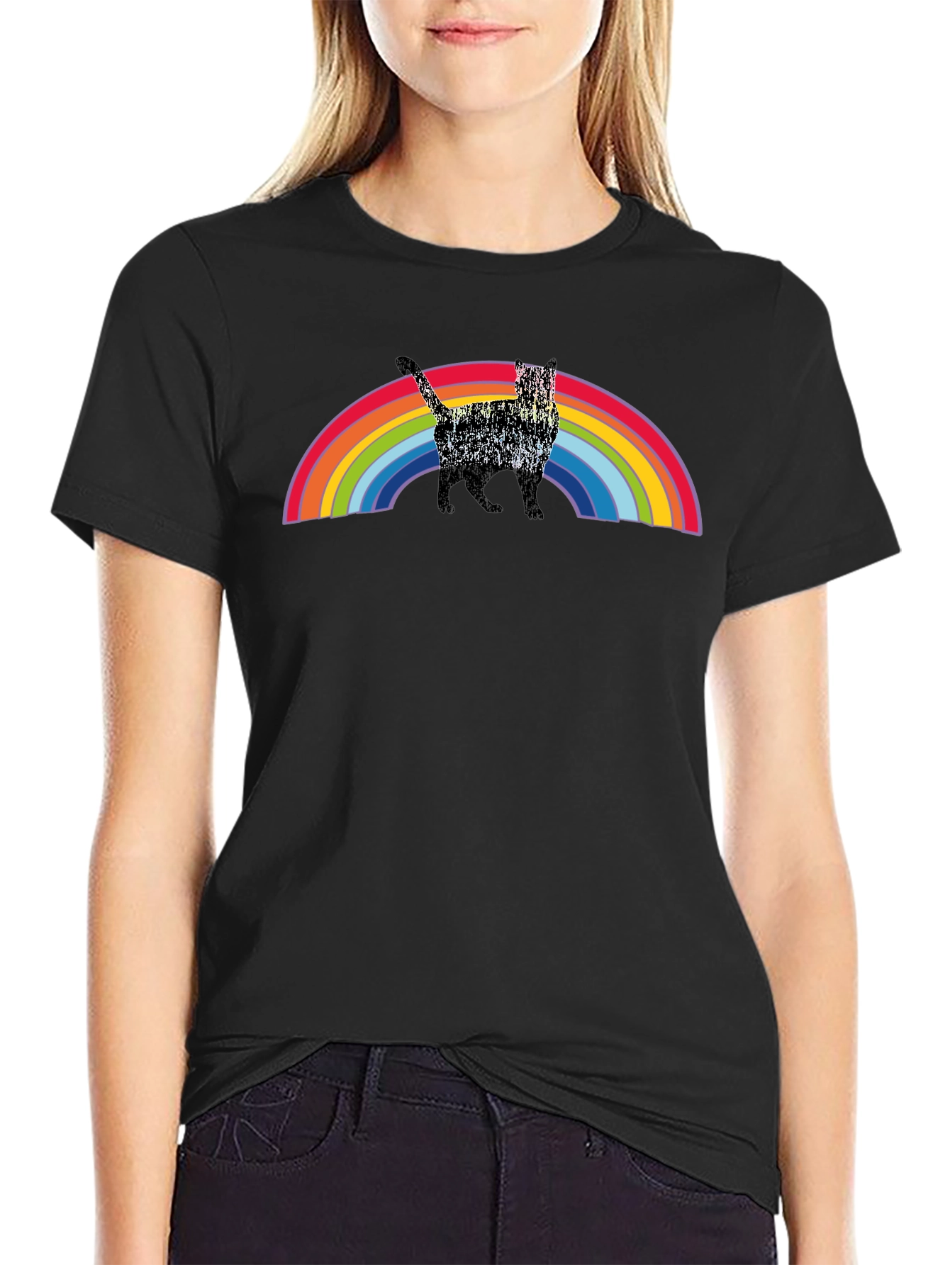 Black Rainbow Cat Graphic T-Shirt - Black view 2