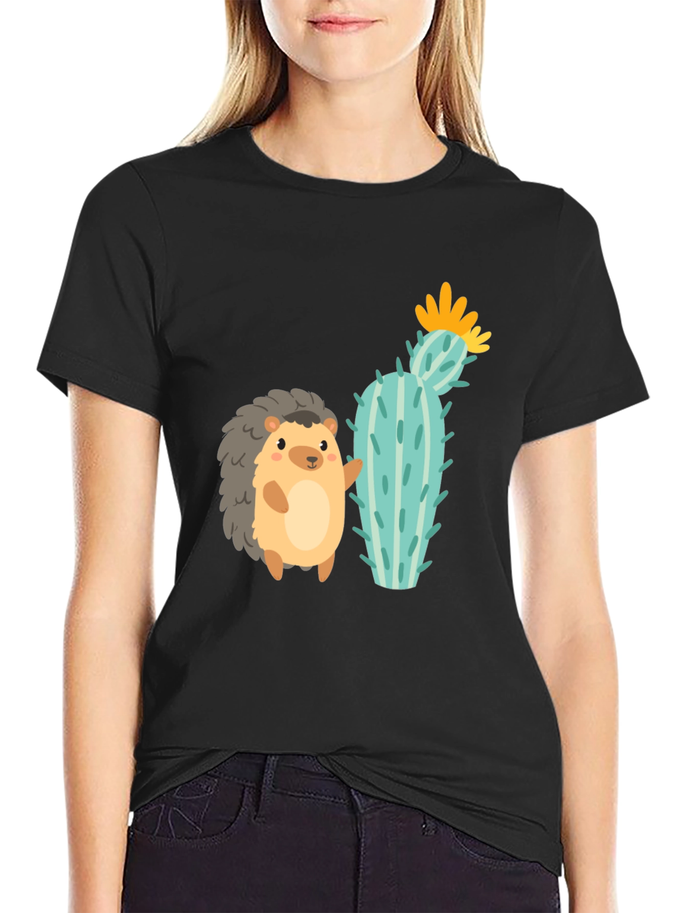 Black Cute Hedgehog & Cactus Graphic Tee - Unisex Black T-Shirt view 2