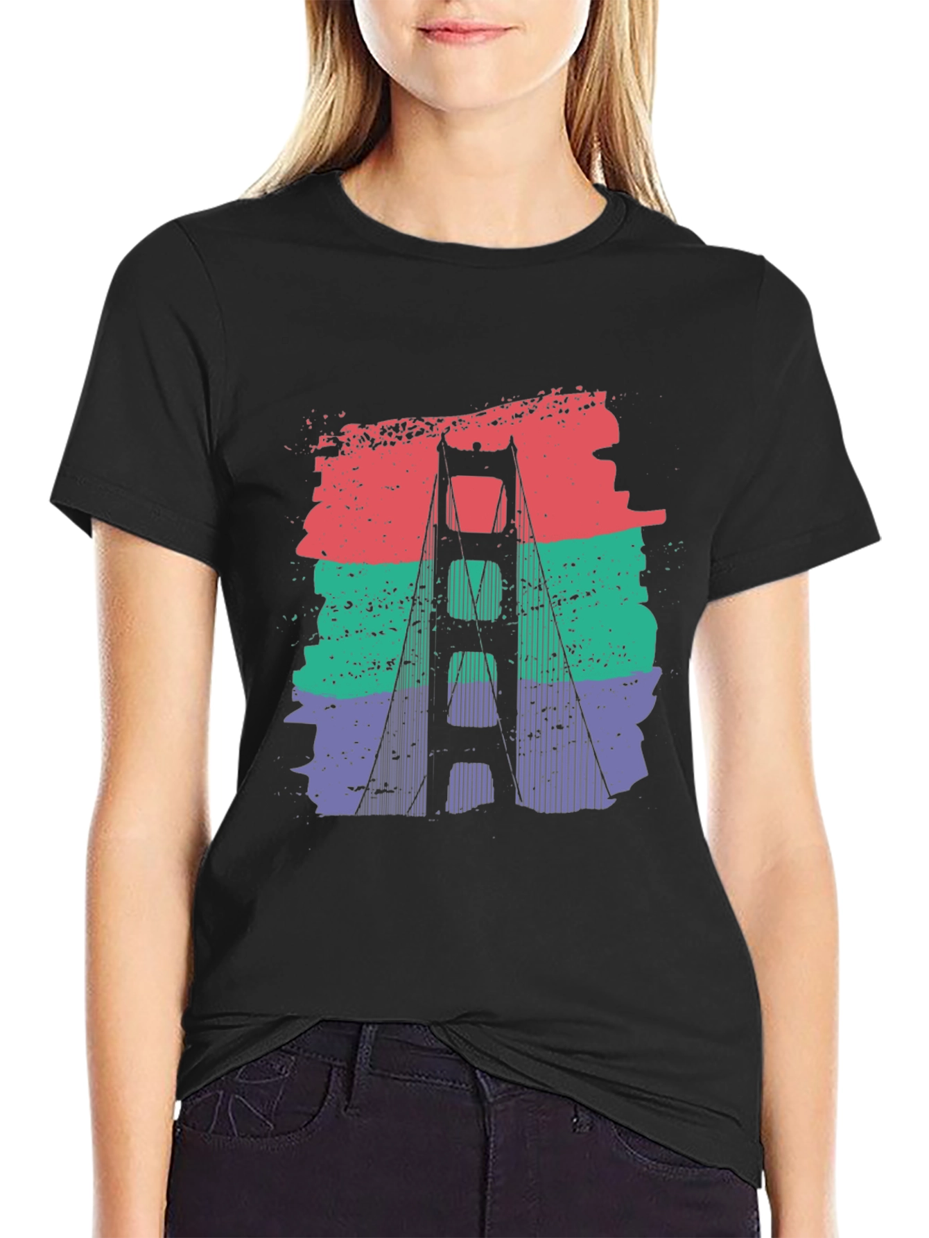 Black Golden Gate Bridge Retro Graphic T-Shirt view 2