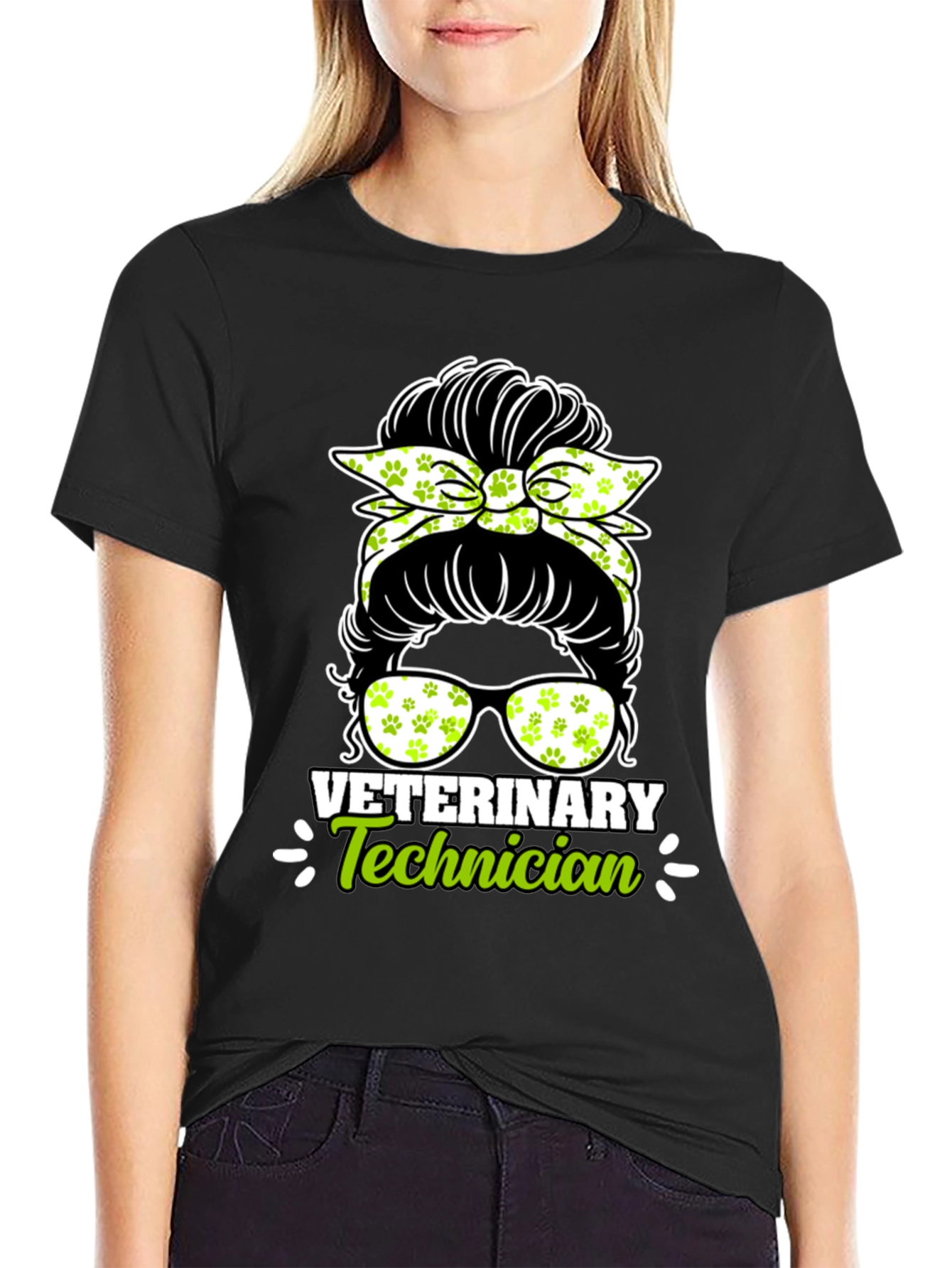 Black Veterinary Technician Messy Bun T-Shirt view 2