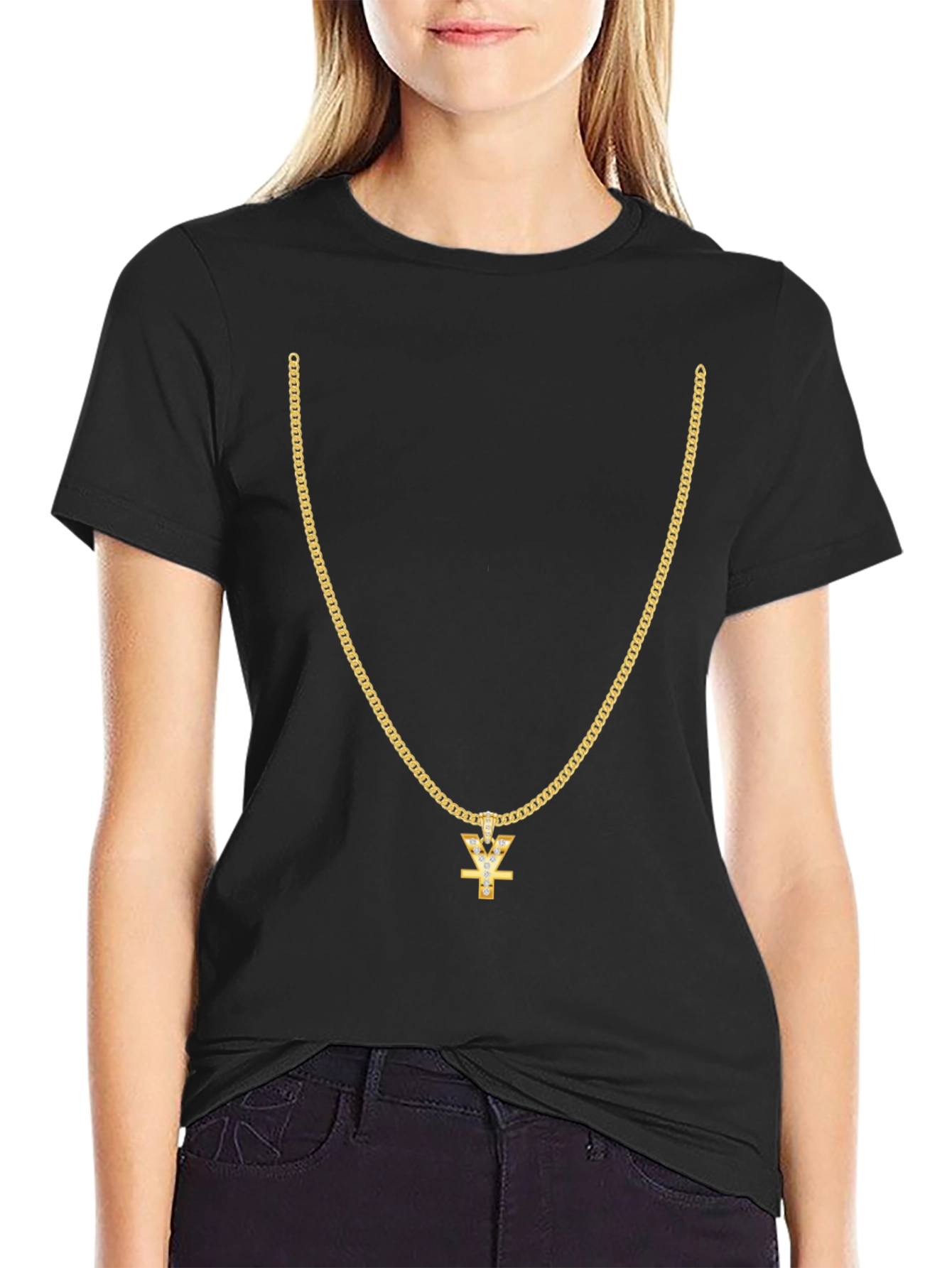 Black Men's Black T-Shirt with Gold Chain Design view 2