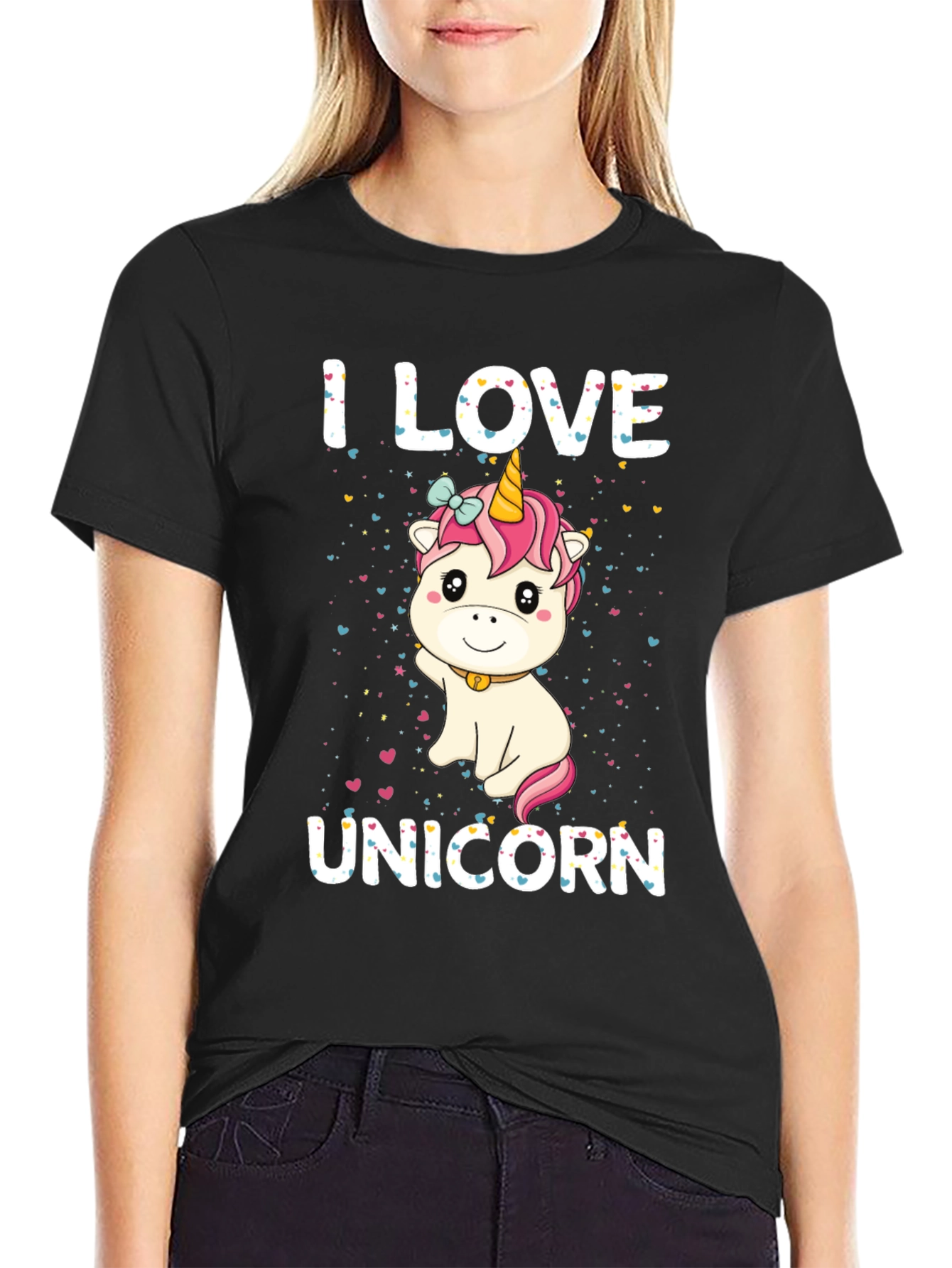 Black I Love Unicorn Black T-Shirt Cute Cartoon Design view 2