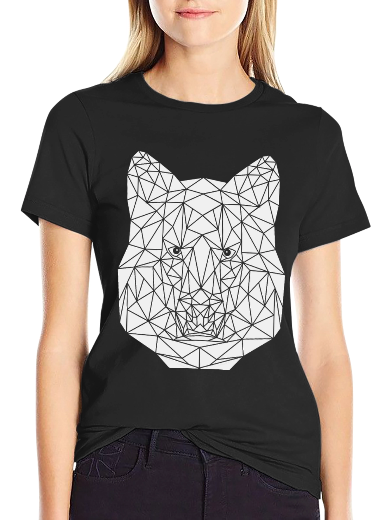 Black Geometric Wolf Graphic Tee - Stylish Men's Black T-Shirt view 2