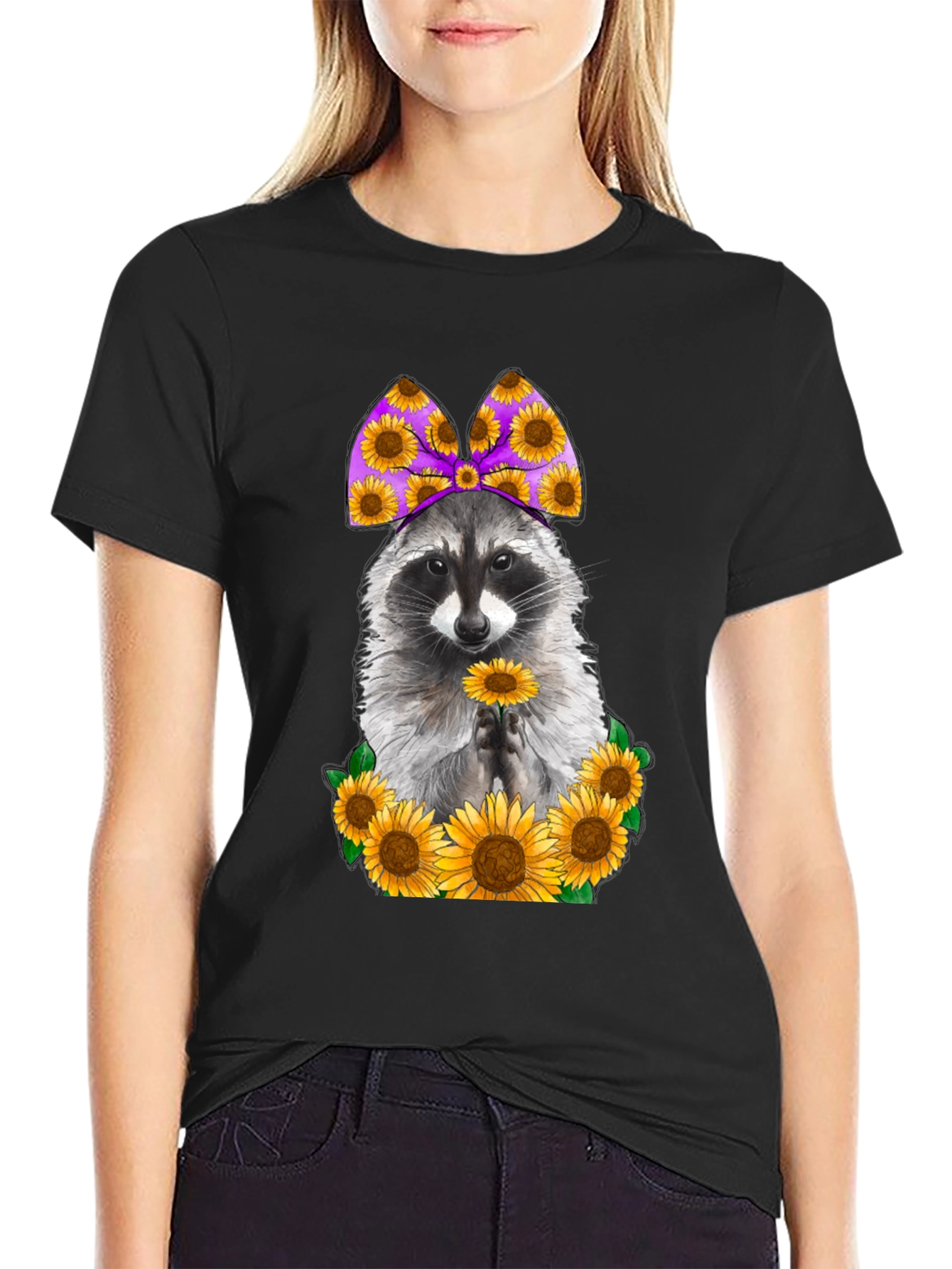 Black Raccoon Sunflower Graphic T-Shirt view 2