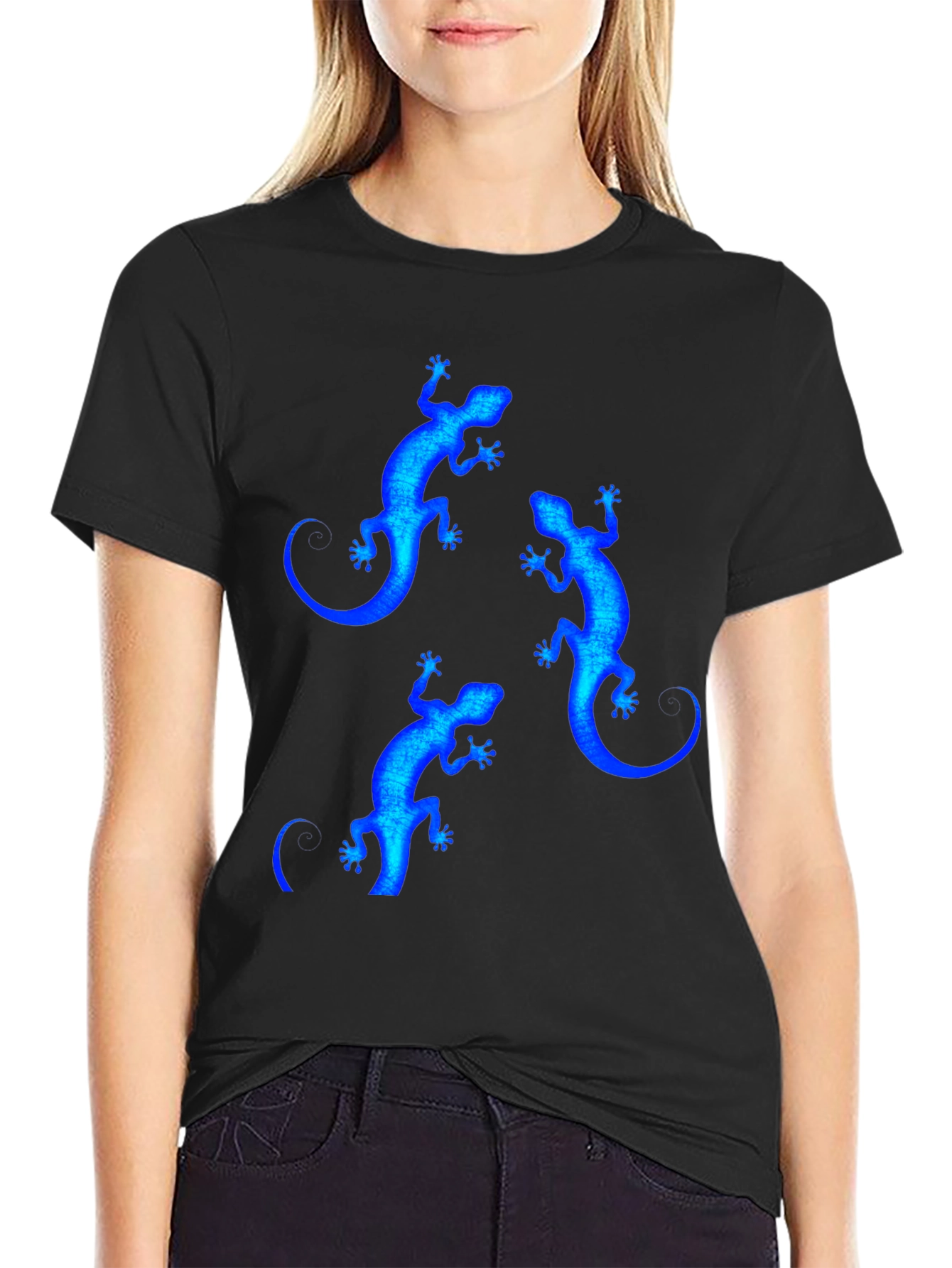 Black Blue Lizard Print Black T-Shirt view 2