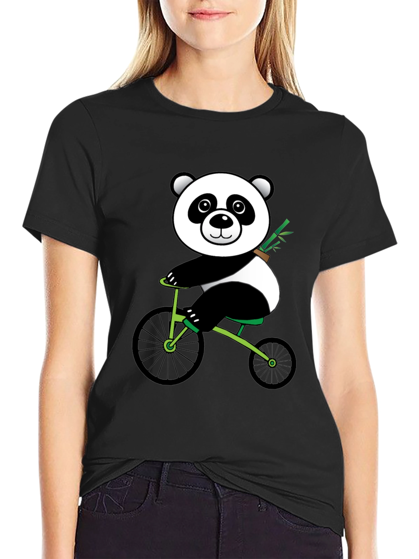 Black Panda on Bike Graphic Tee - Black Cotton T-Shirt view 2