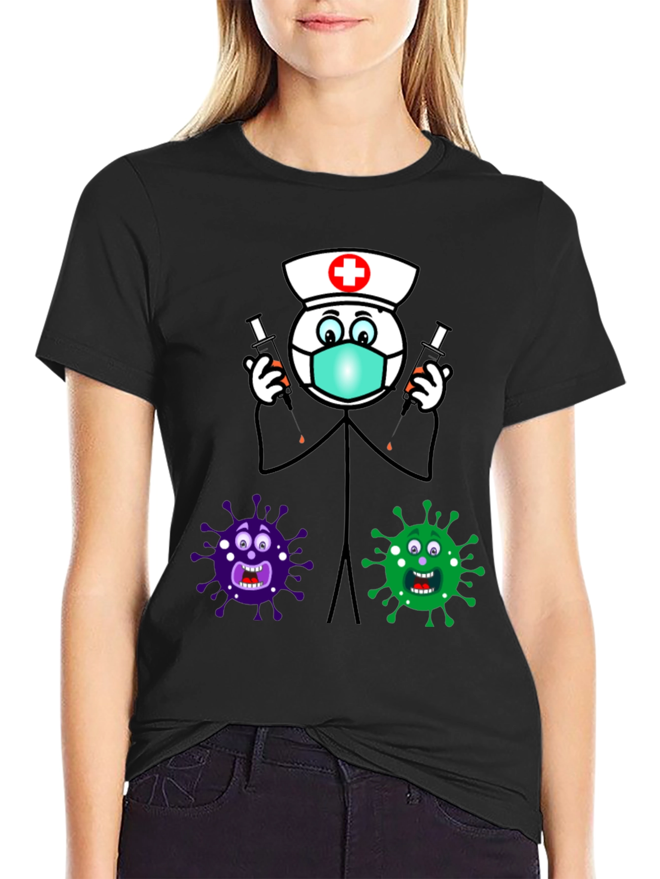 Black Funny Vaccine T-Shirt - Nurse vs. Virus view 2