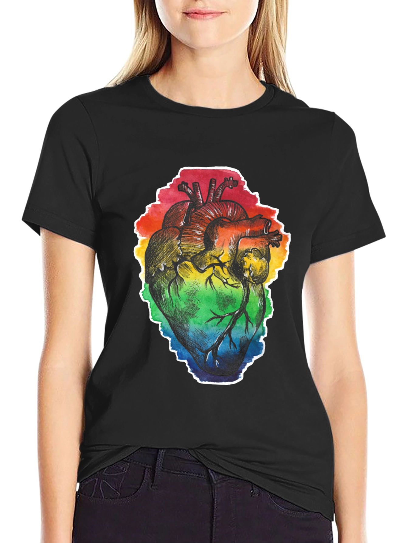 Black Rainbow Heart Print Black T-Shirt view 2