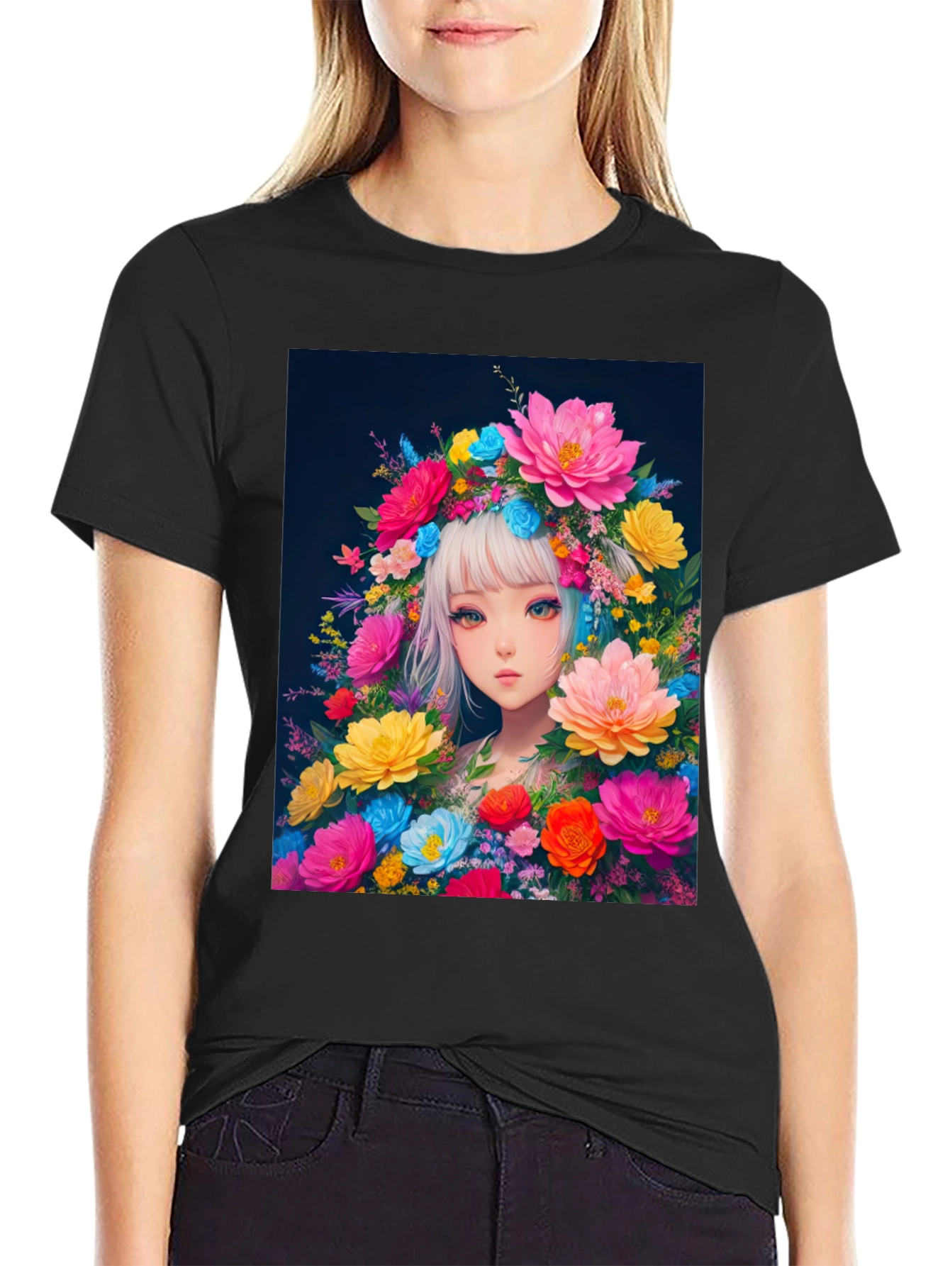 Black Floral Anime Girl Graphic Tee - Black Cotton T-Shirt view 2