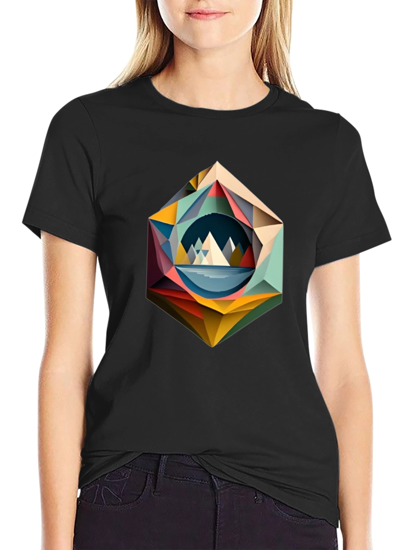 Black Geometric Mountain T-Shirt - Modern Art Design view 2