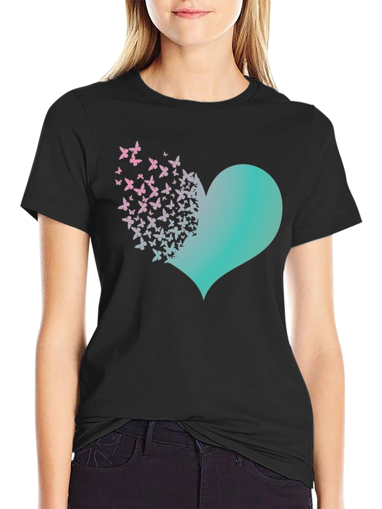 Black Butterfly Heart Graphic Tee - Black Cotton Blend view 2
