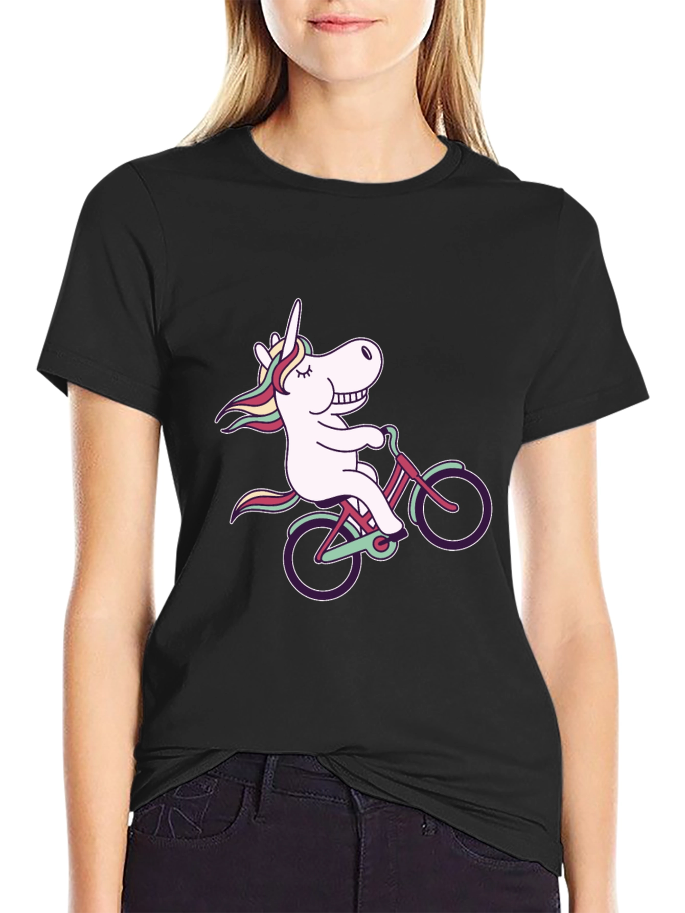 Black Unicorn on Bike Black T-Shirt - Fun Graphic Tee view 2