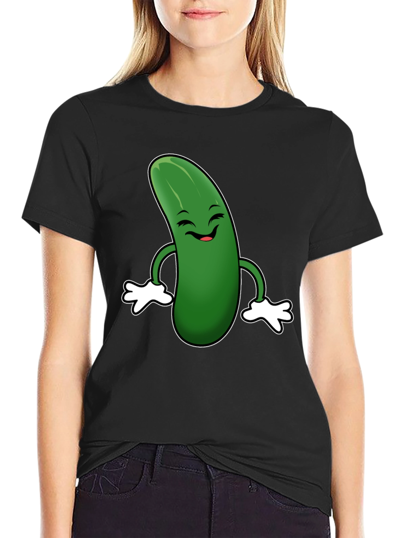 Black Funny Pickle Cartoon Black T-Shirt view 2