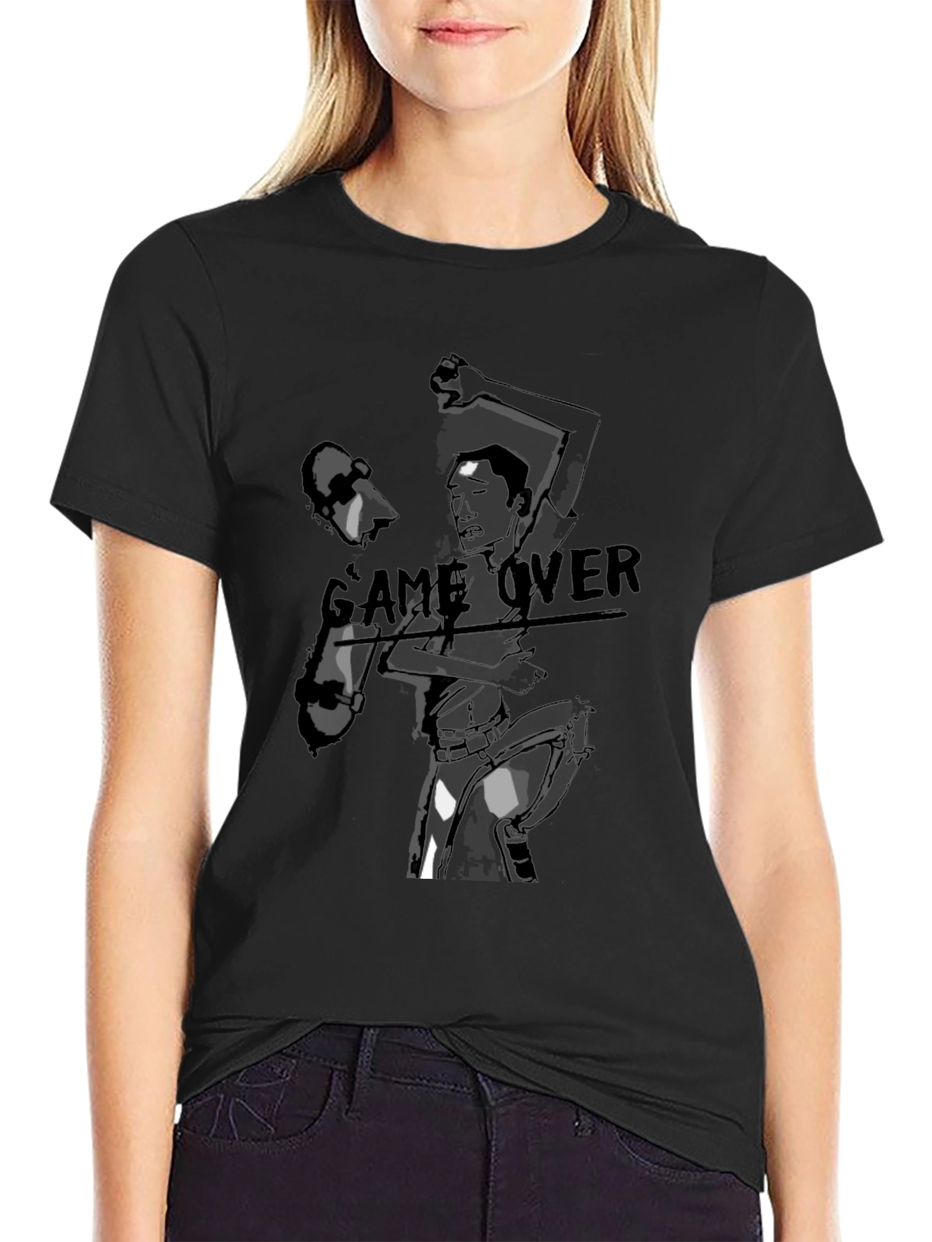 Black Game Over Graphic Print Black T-Shirt view 2