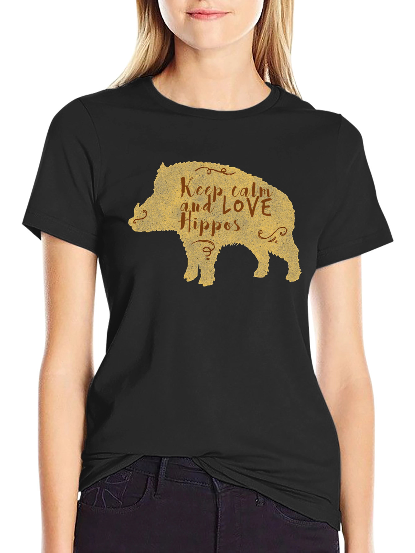 Black Keep Calm Love Hippos Pig T-Shirt view 2