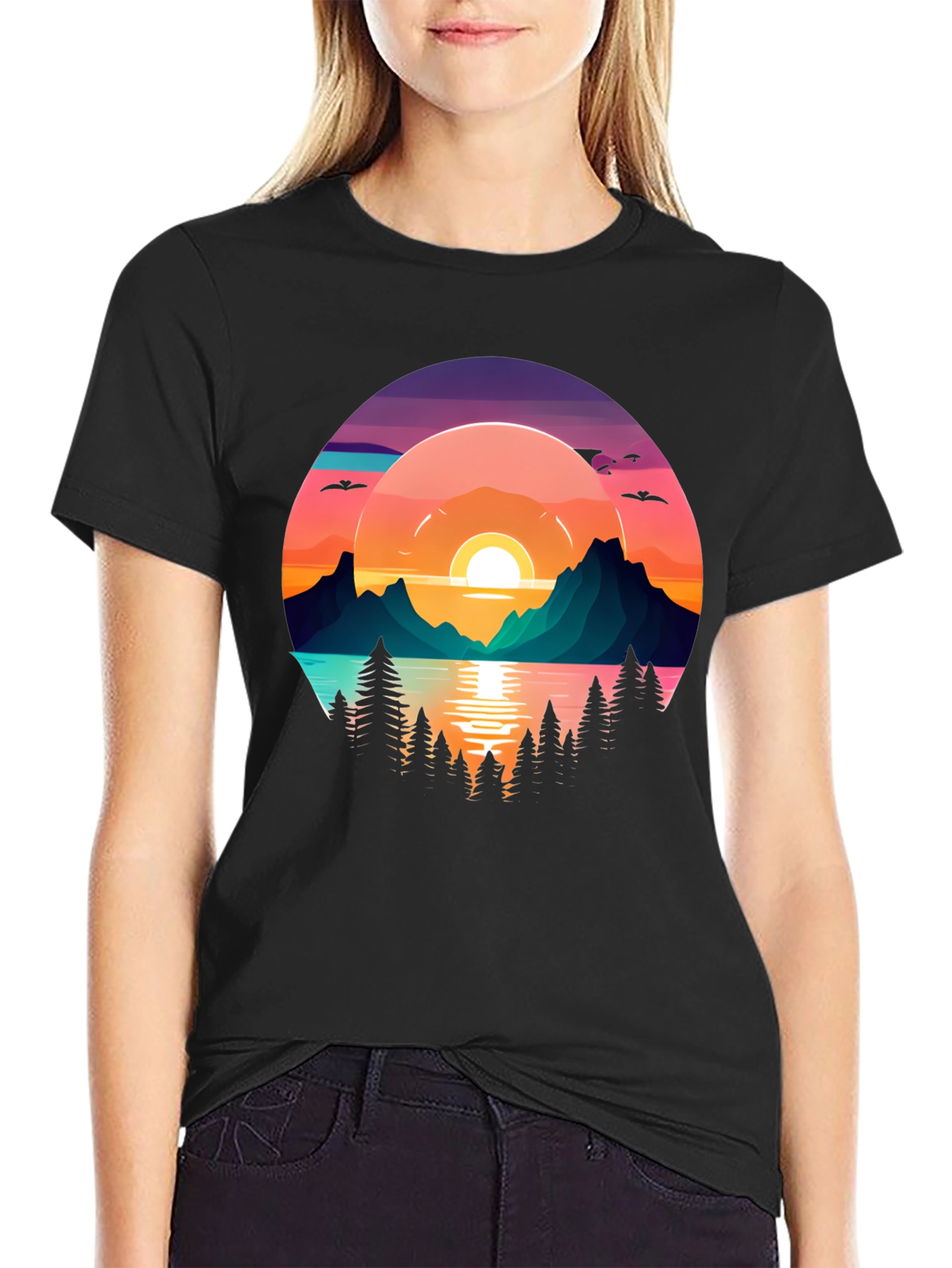 Black Sunset Lake Graphic T-Shirt view 2