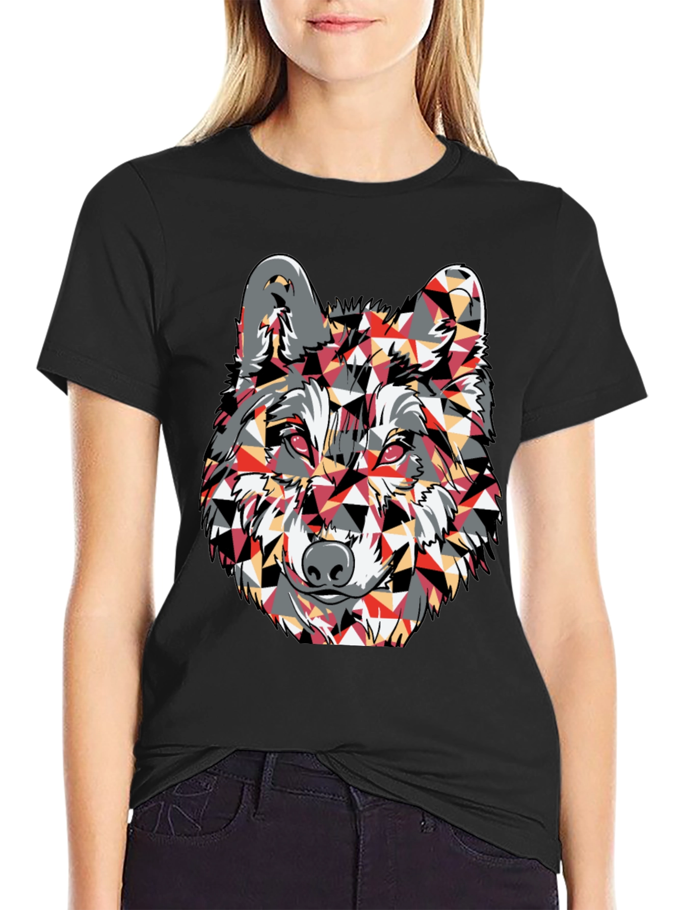 Black Geometric Wolf Graphic Print T-Shirt view 2