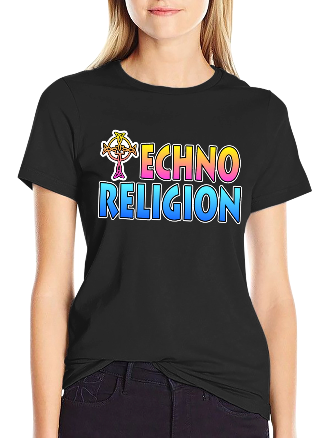 Black Techno Religion T-Shirt, Rave Music Tee view 2