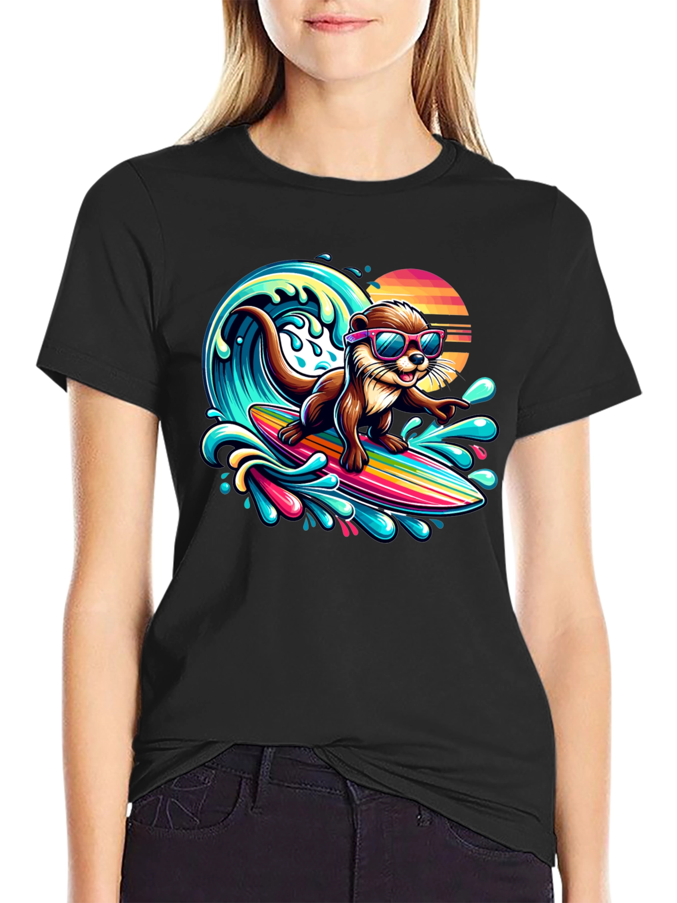 Black Surfing Otter T-Shirt - Cool Cartoon Graphic Tee view 2