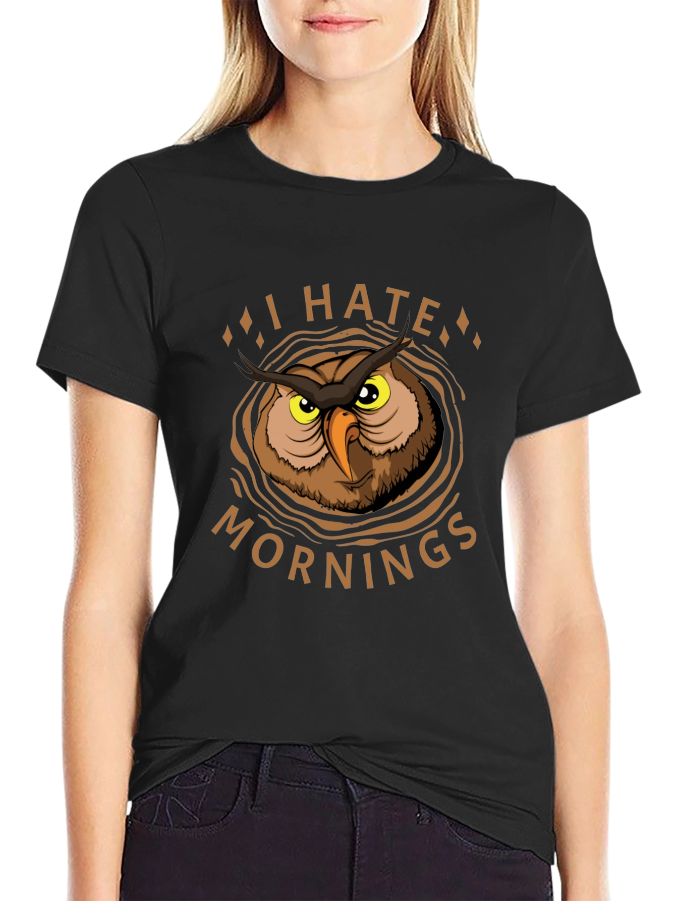 Black I Hate Mornings Owl Graphic T-Shirt view 2