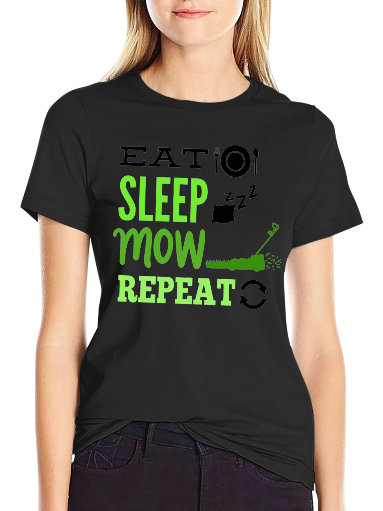 Black Eat Sleep Mow Repeat T-Shirt - Lawn Care Humor view 2
