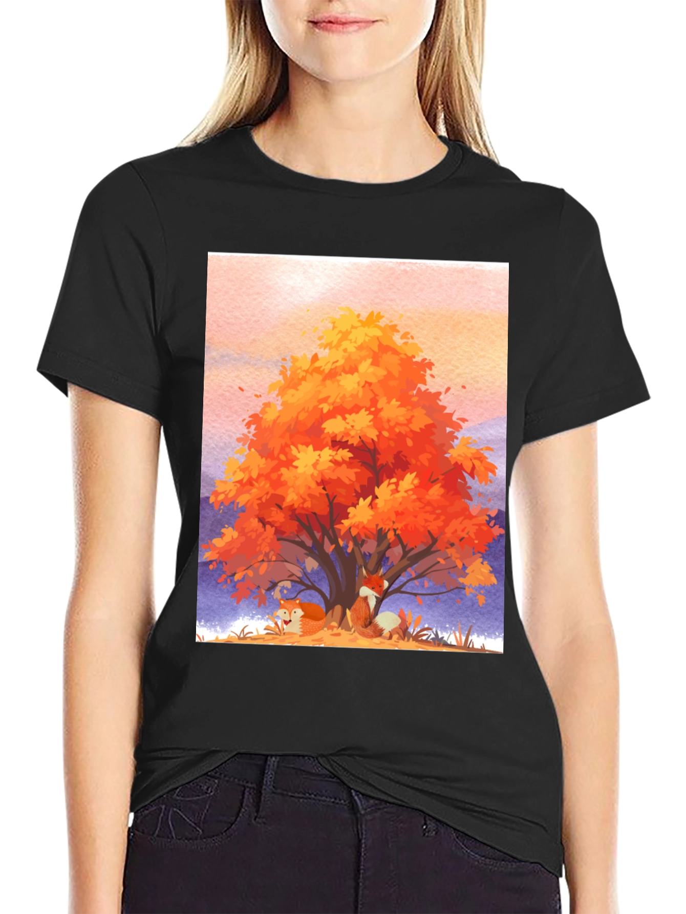 Black Autumn Fox Tree Graphic Tee - Comfortable Cotton Blend view 2