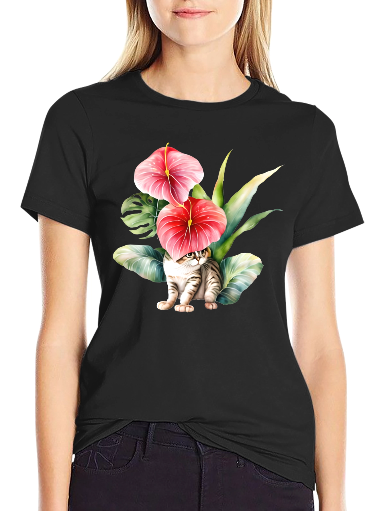 Black Floral Cat T-Shirt - Unique Graphic Tee view 2