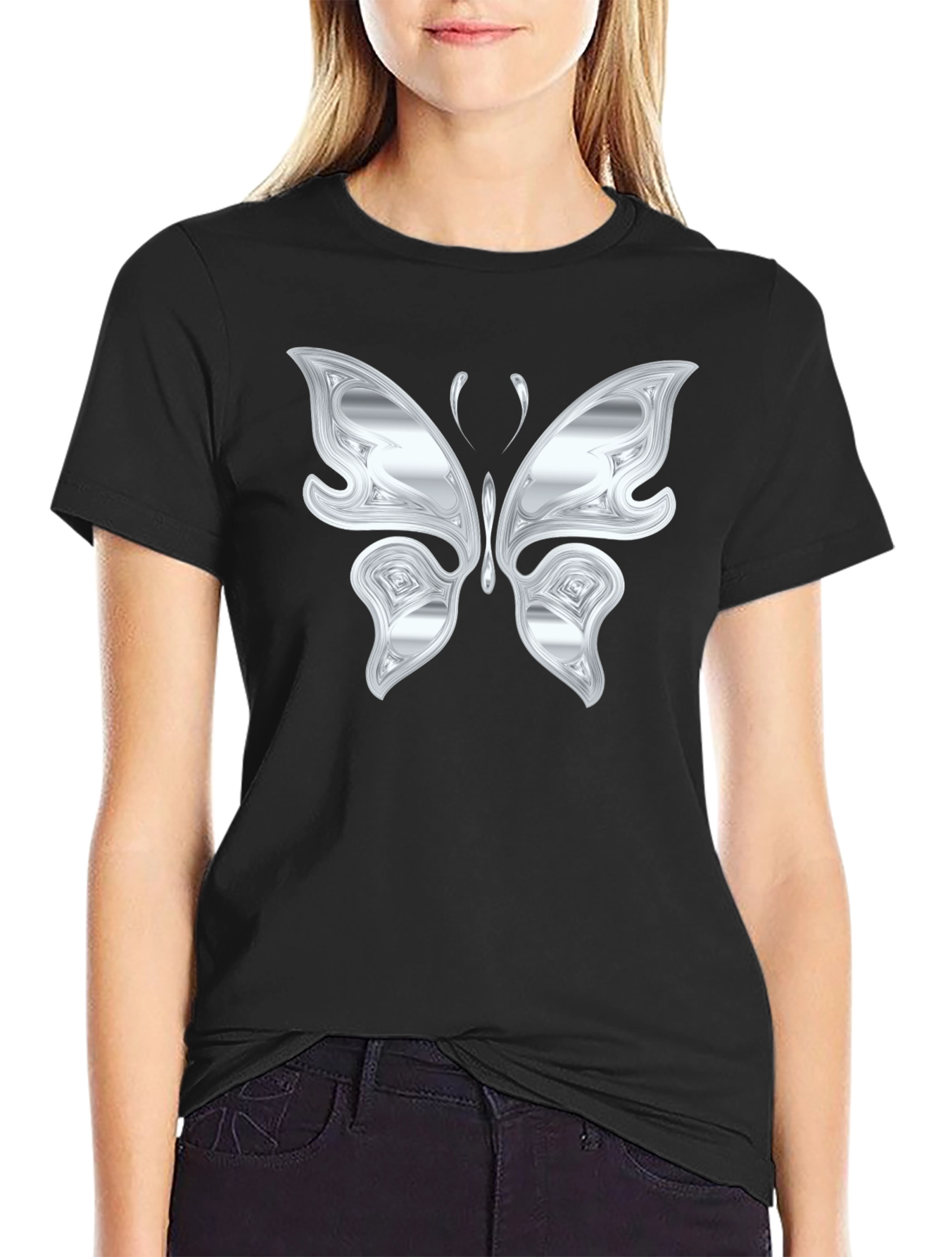 Black Silver Butterfly Graphic Black T-Shirt view 2