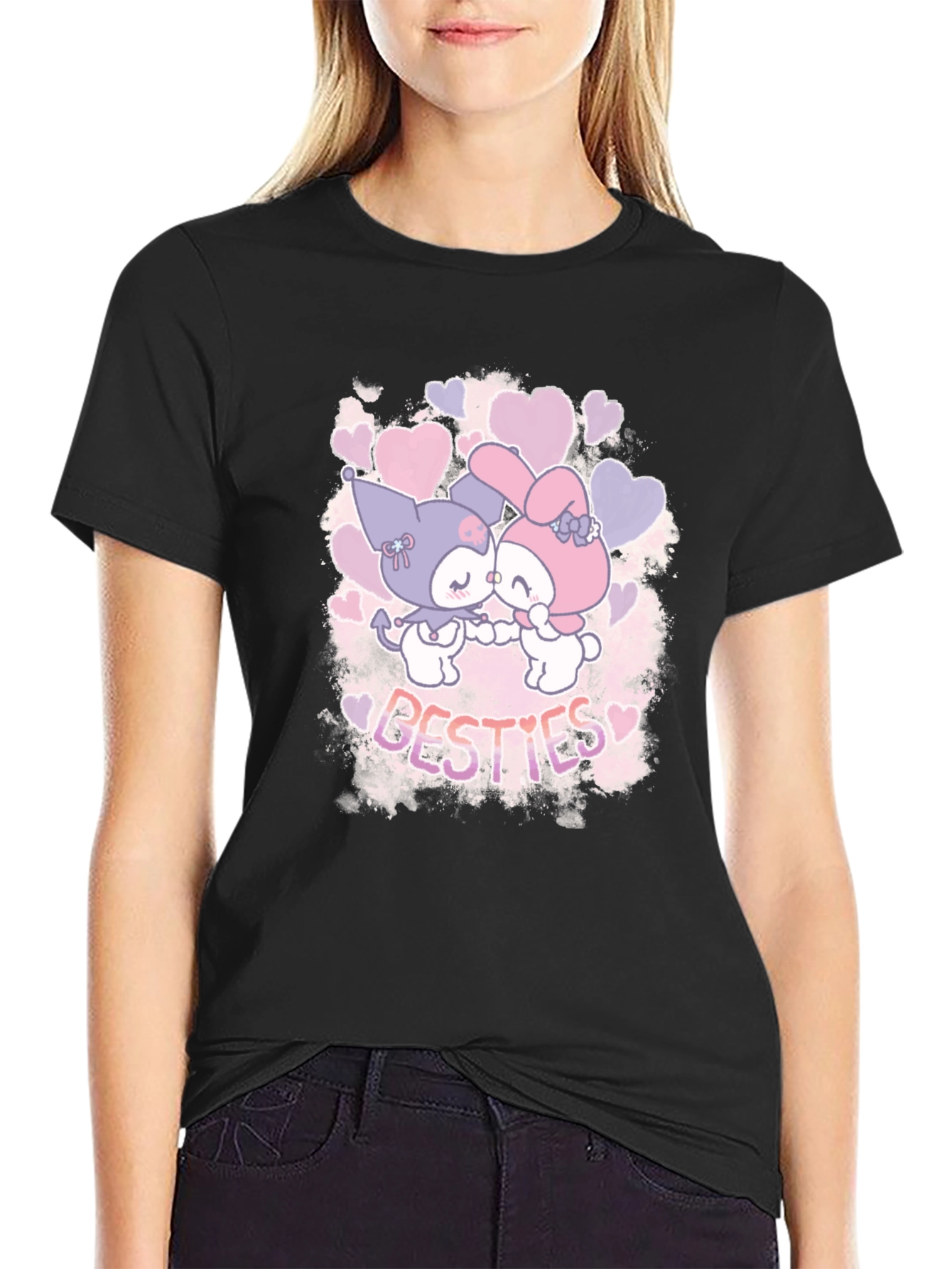 Black Kawaii Besties Graphic Tee - Cute Cartoon Shirt view 2