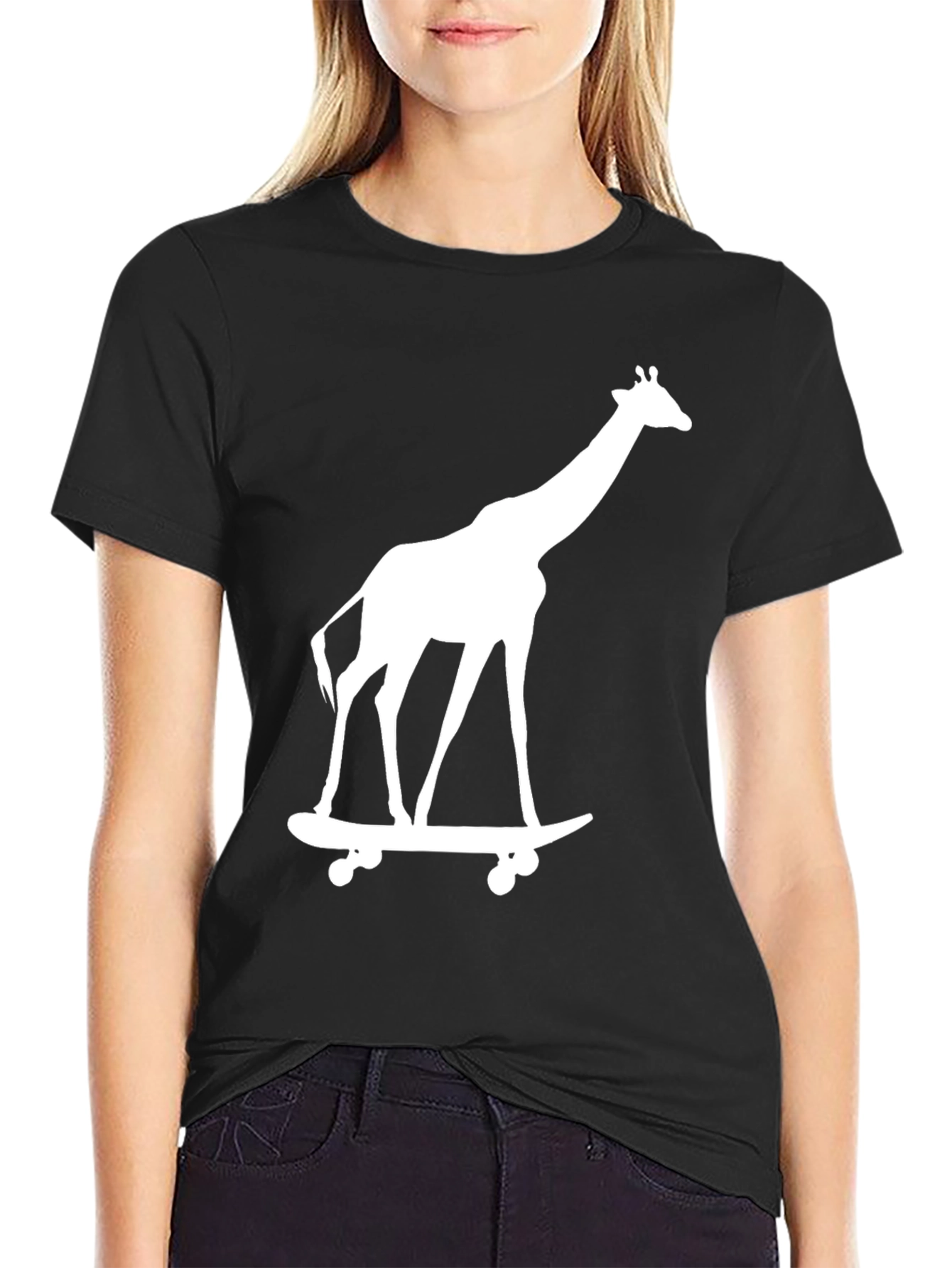 Black Giraffe on Skateboard Graphic Tee - Black Cotton T-Shirt view 2