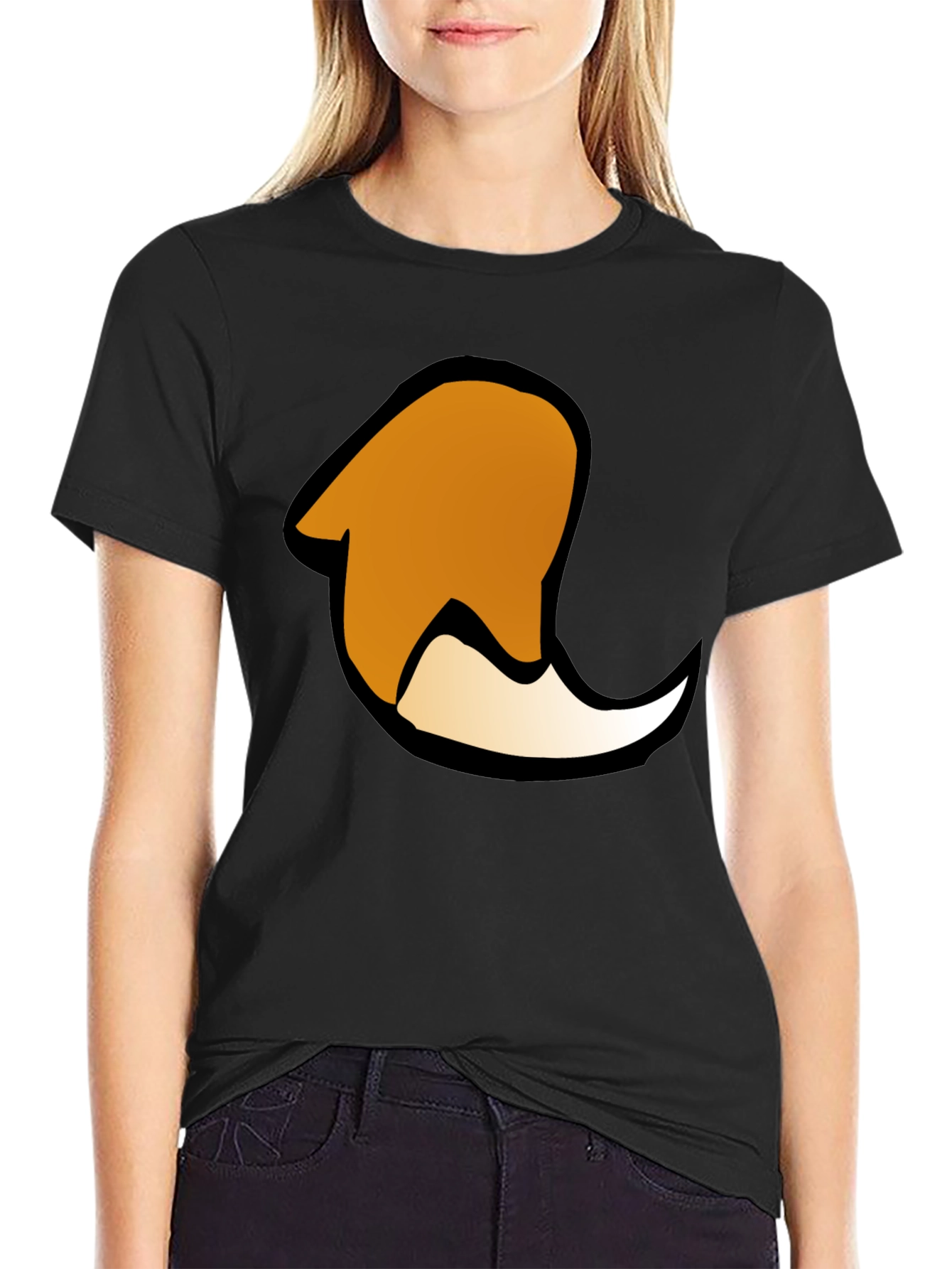 Black Cartoon Fox Tail Graphic Print Black T-Shirt view 2